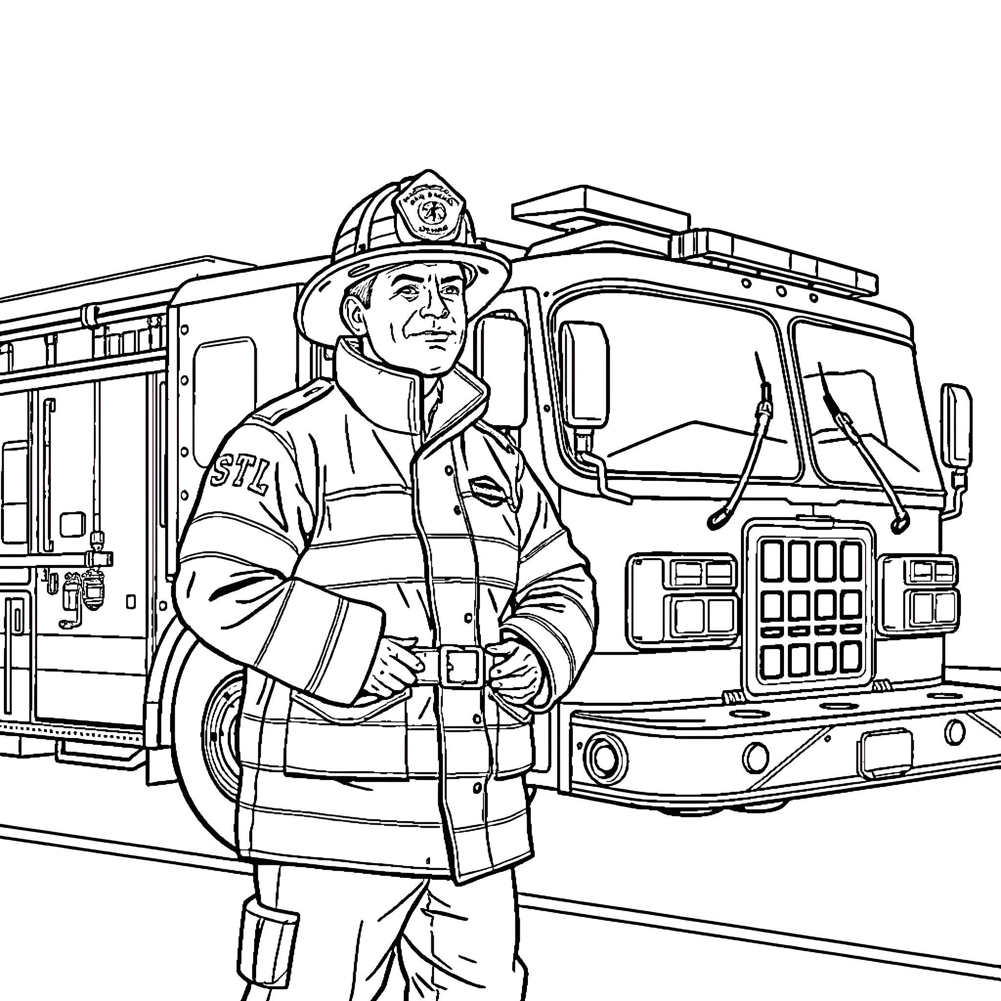 Firefighter in uniform standing near fire truck Coloring Page (free black-and-white line drawing printable PDF for all, from beginners to advanced learners, including children, teens, adults, and seniors)