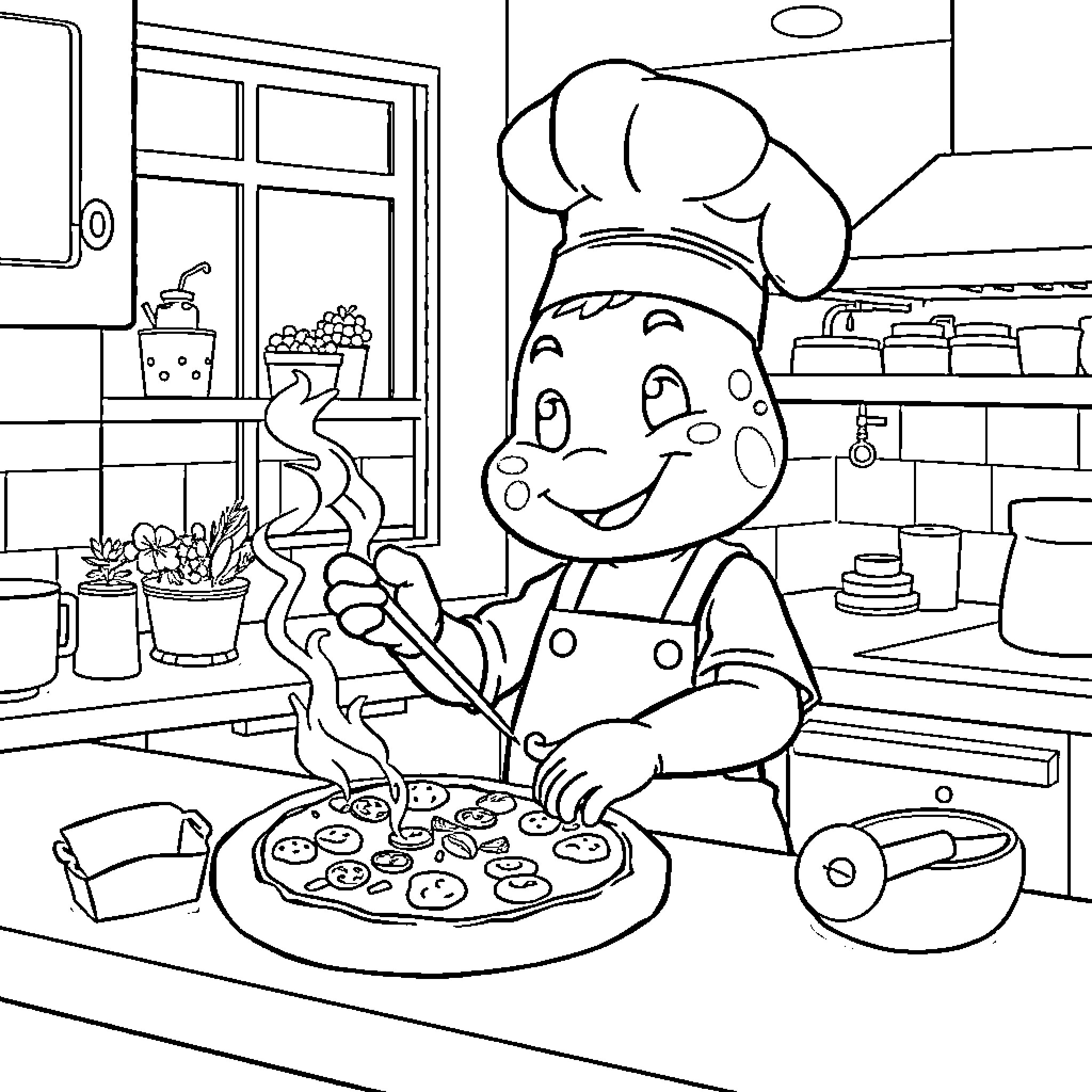 Labubu cooking happily in the kitchen Coloring Page (free black-and-white line drawing printable PDF for all, from beginners to advanced learners, including children, teens, adults, and seniors)