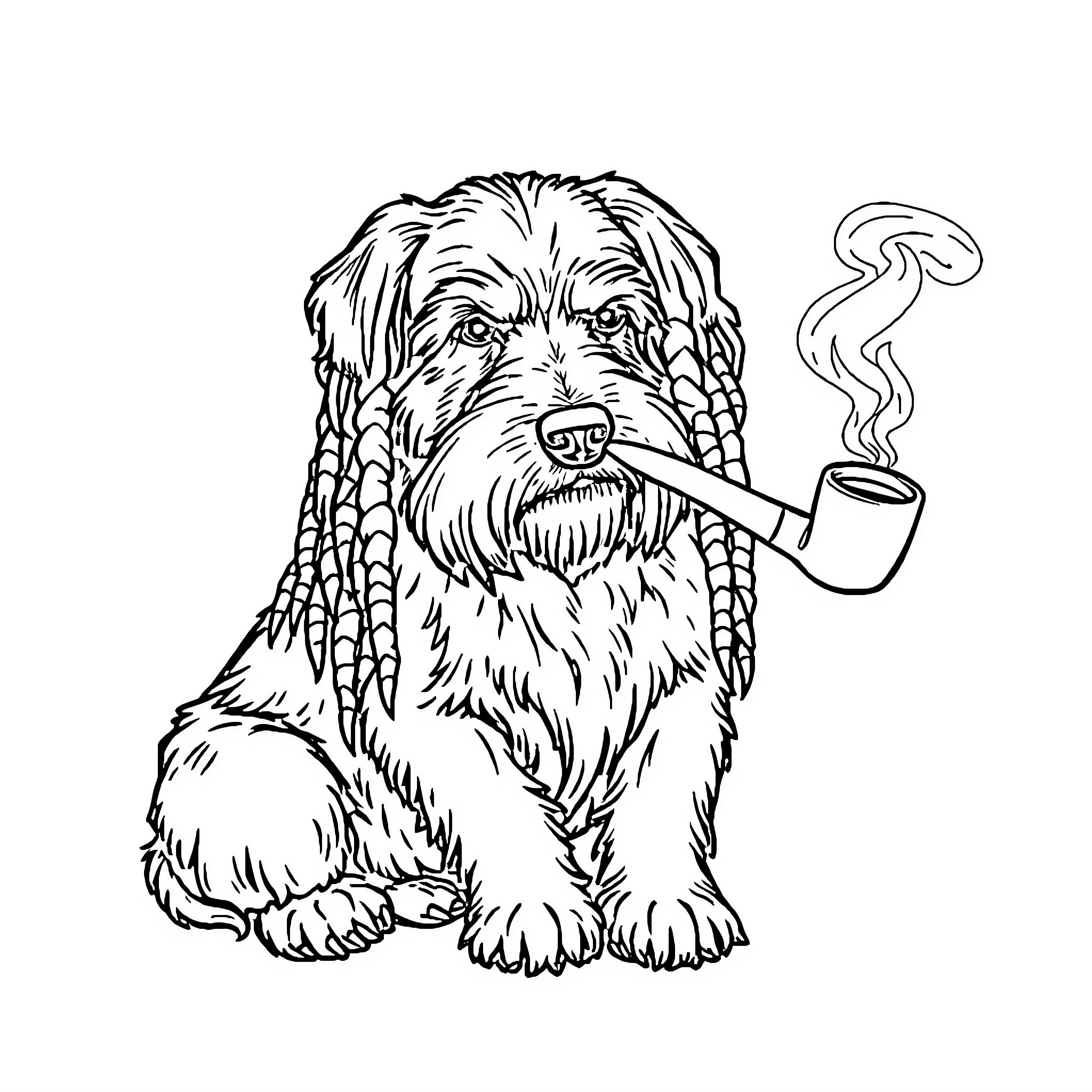 Dog smoking pipe and relaxing Coloring Page (free black-and-white line drawing printable PDF for all, from beginners to advanced learners, including children, teens, adults, and seniors)