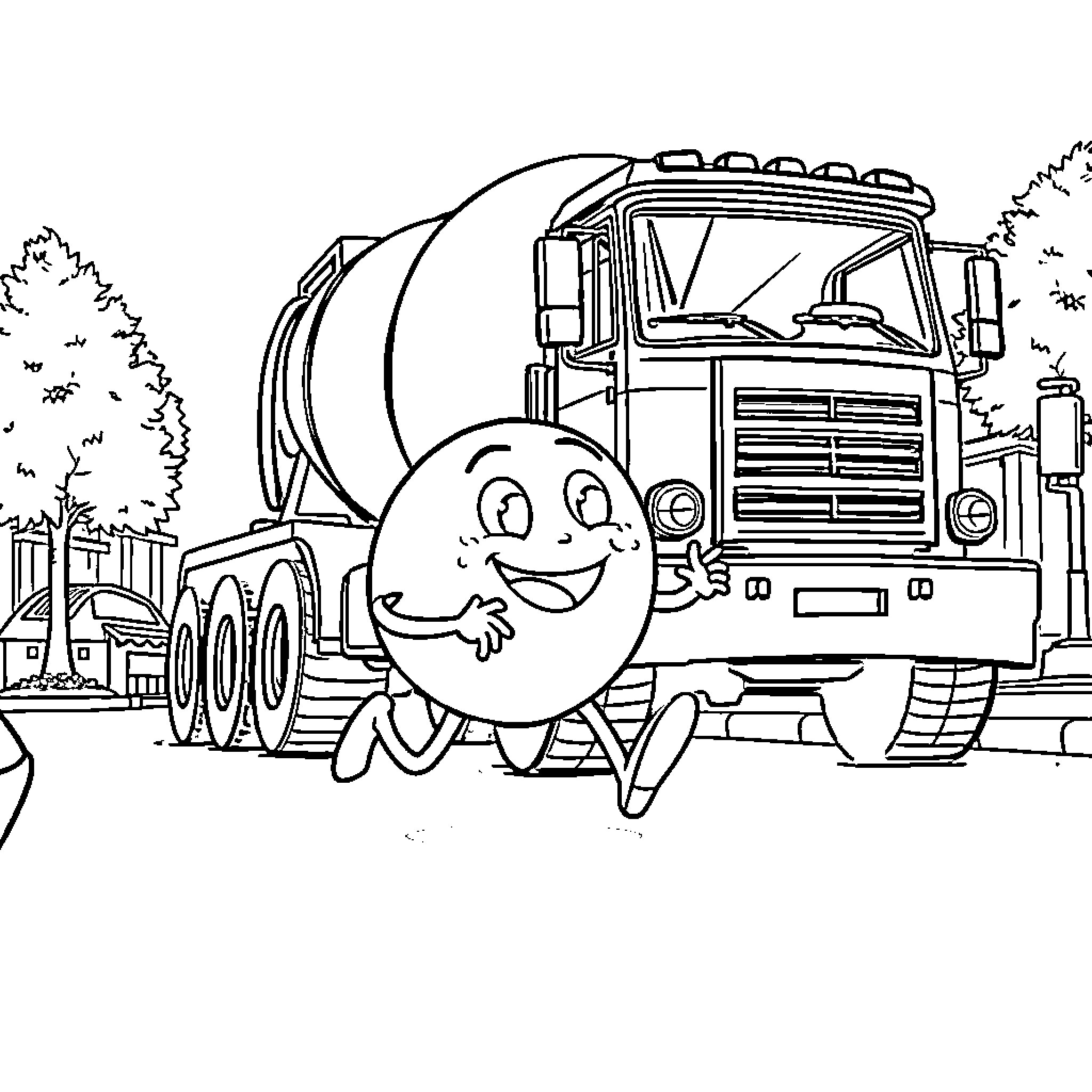 Orange Cement Mixer Truck Cartoon Coloring Page (free black-and-white line drawing printable PDF for all, from beginners to advanced learners, including children, teens, adults, and seniors)