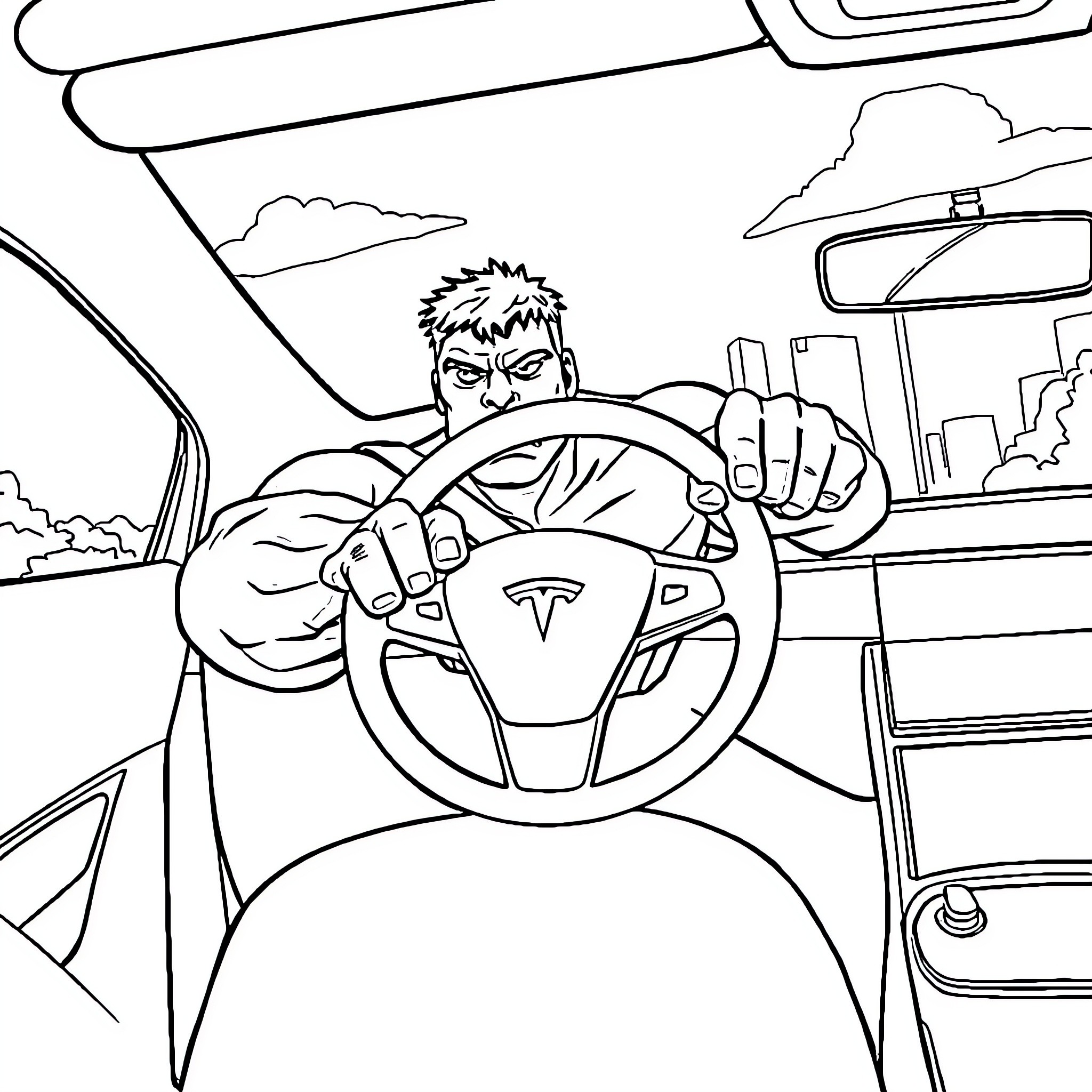 Hulk Driving a Futuristic Electric Car Coloring Page (free black-and-white line drawing printable PDF for all, from beginners to advanced learners, including children, teens, adults, and seniors)