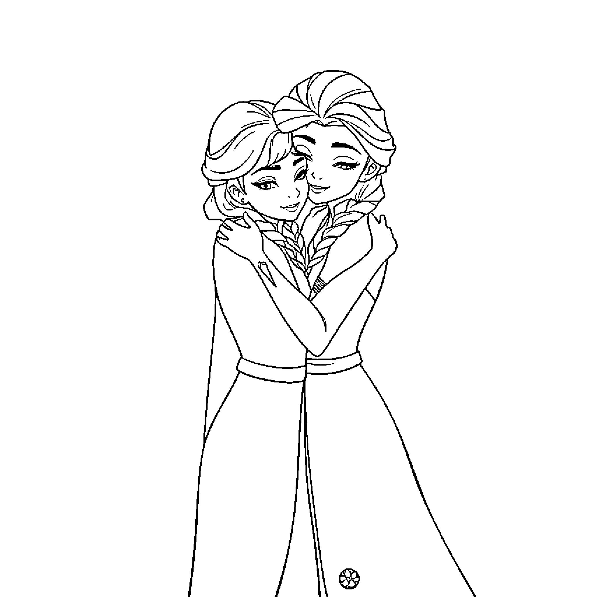 Anna and Elsa's Sisterly Embrace Coloring Page (free black-and-white line drawing printable PDF for all, from beginners to advanced learners, including children, teens, adults, and seniors)