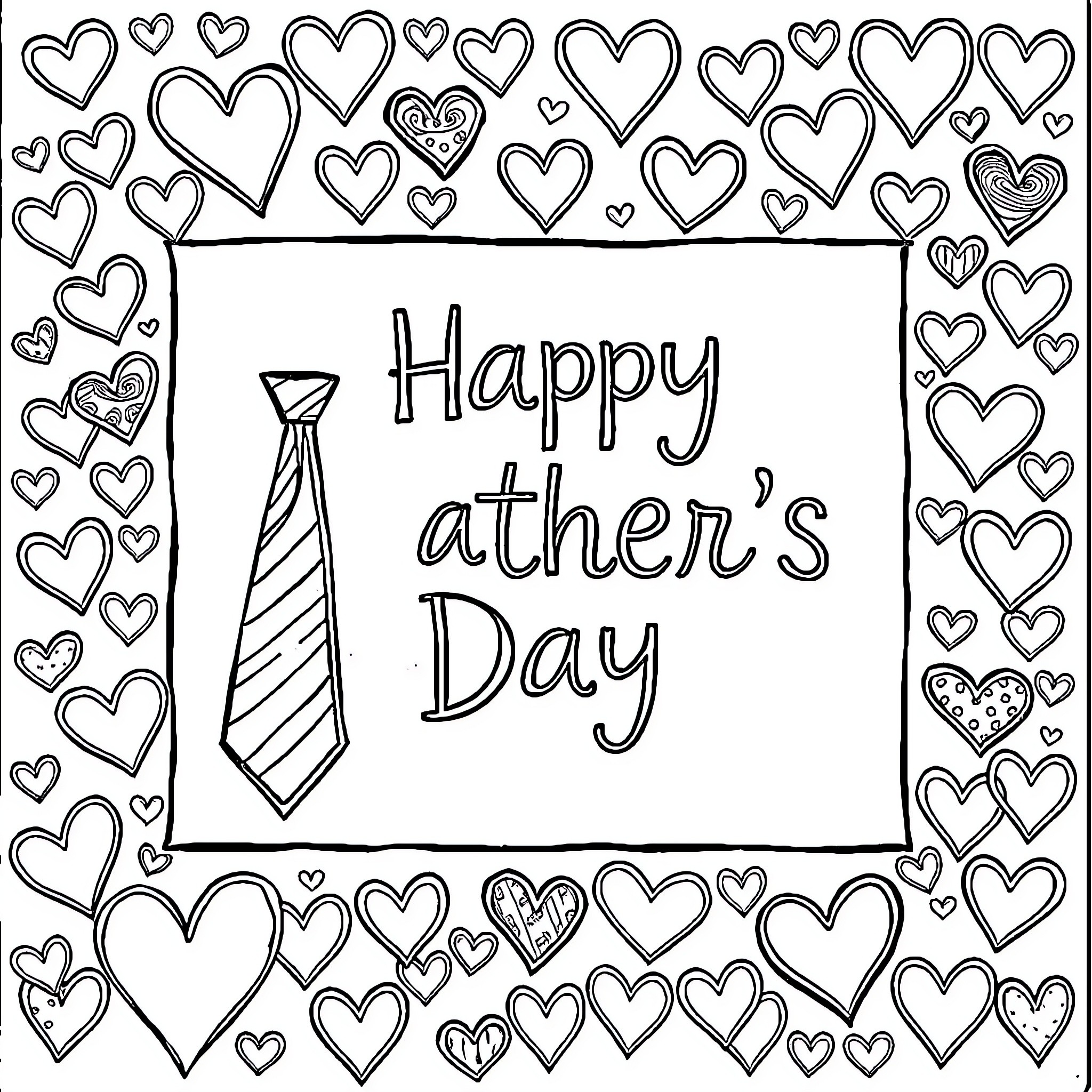 Father's Day with hearts and tie Coloring Page (free black-and-white line drawing printable PDF for all, from beginners to advanced learners, including children, teens, adults, and seniors)