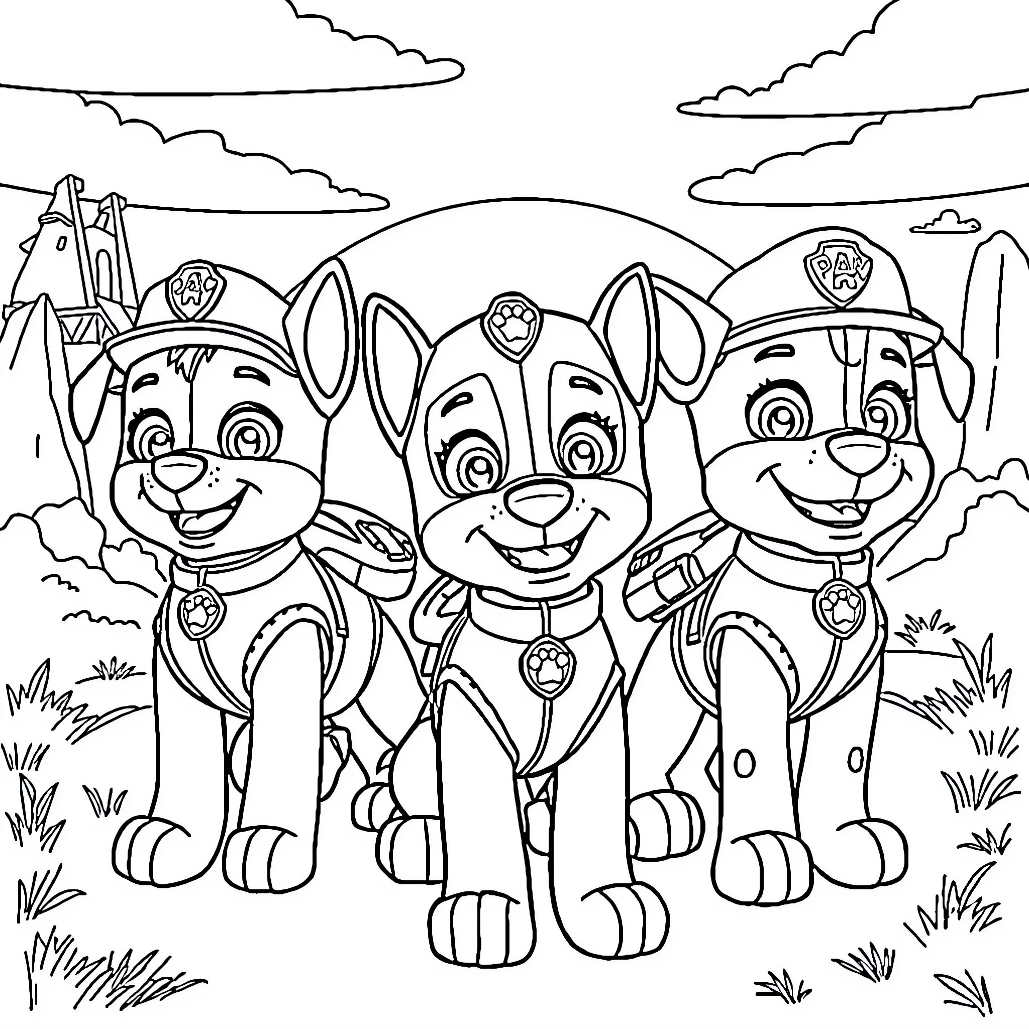Paw Patrol Pups on Outdoor Adventure Coloring Page (free black-and-white line drawing printable PDF for all, from beginners to advanced learners, including children, teens, adults, and seniors)