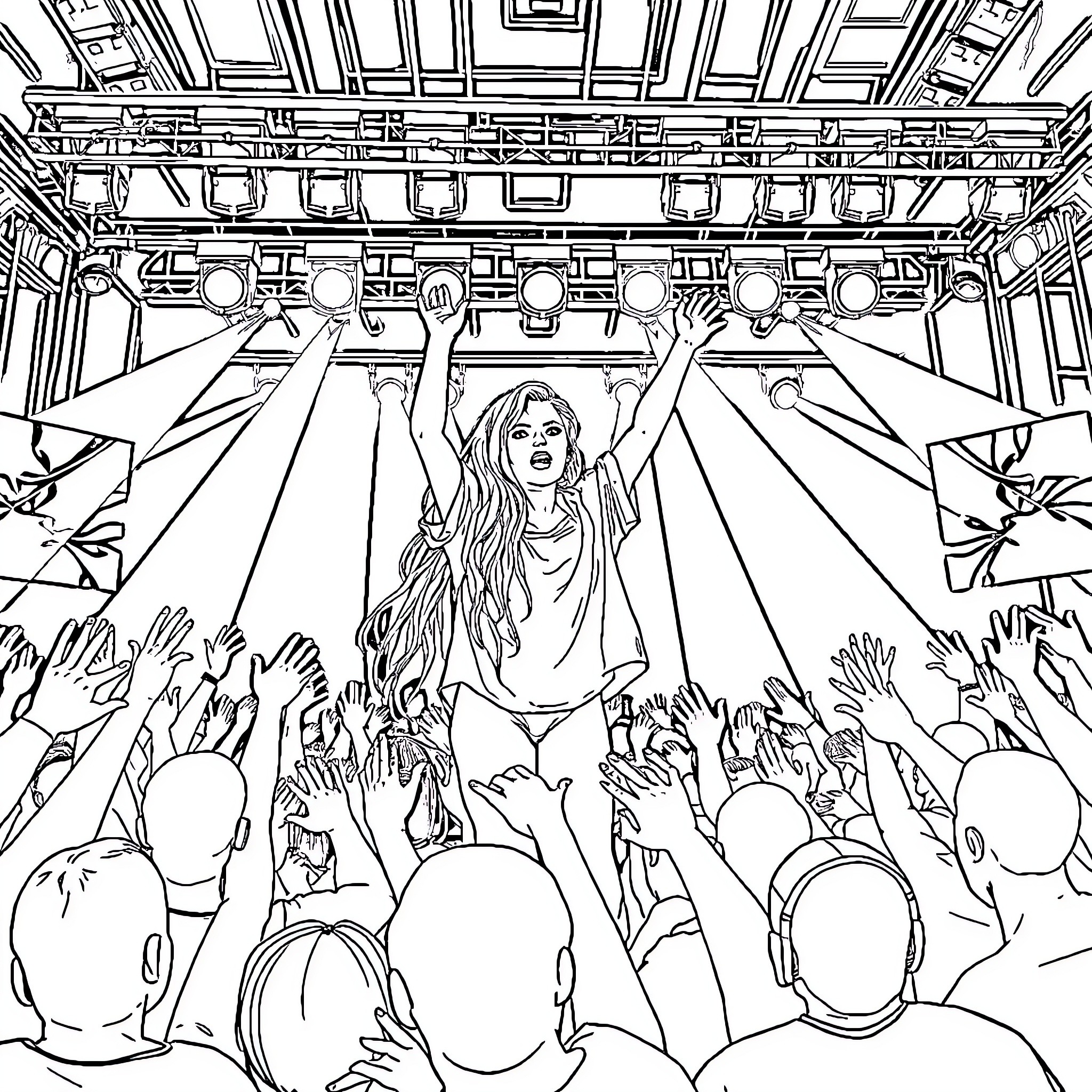 Billie Eilish's Energetic Performance on Stage Coloring Page (free black-and-white line drawing printable PDF for all, from beginners to advanced learners, including children, teens, adults, and seniors)