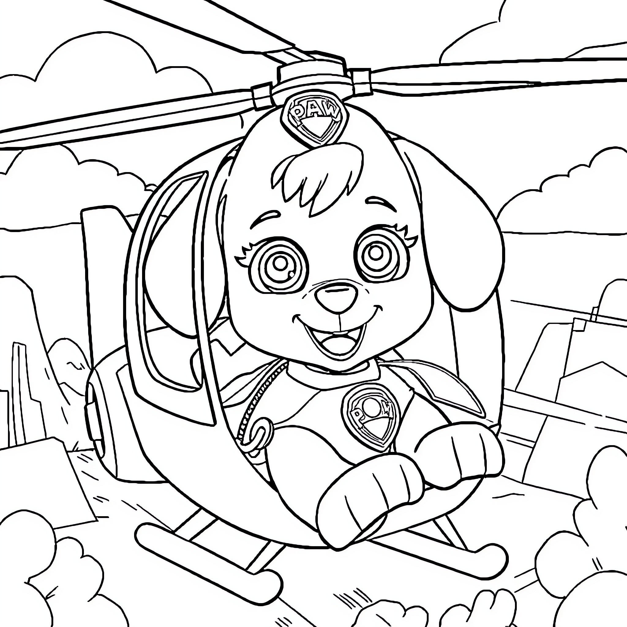 Paw Patrol pup soaring through the skies on a helicopter Coloring Page (free black-and-white line drawing printable PDF for all, from beginners to advanced learners, including children, teens, adults, and seniors)