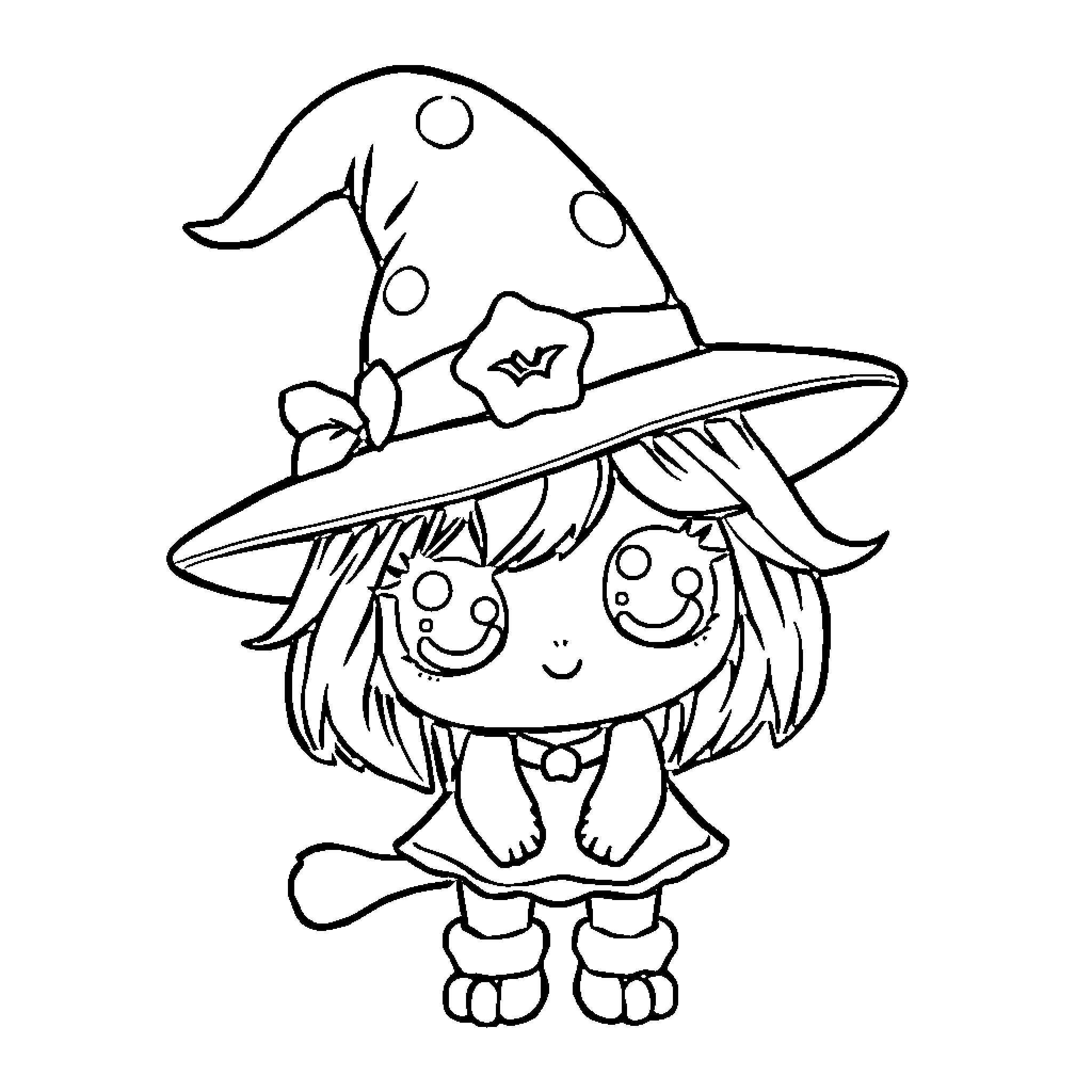 Witch with Whimsical Attire and Expression Coloring Page (free black-and-white line drawing printable PDF for all, from beginners to advanced learners, including children, teens, adults, and seniors)