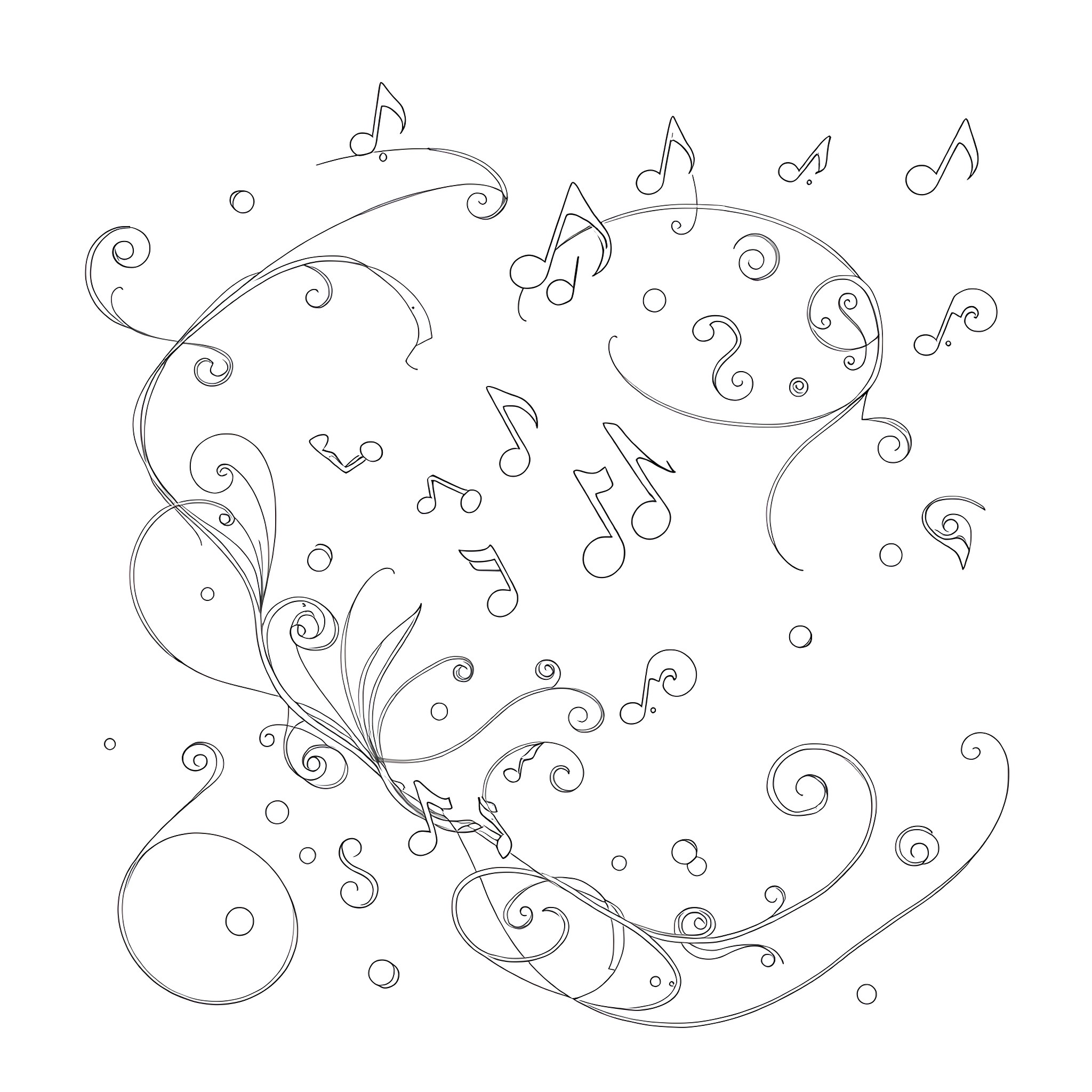Music Note Playful Swirls and Bubbles Coloring Page (free black-and-white line drawing printable PDF for all, from beginners to advanced learners, including children, teens, adults, and seniors)