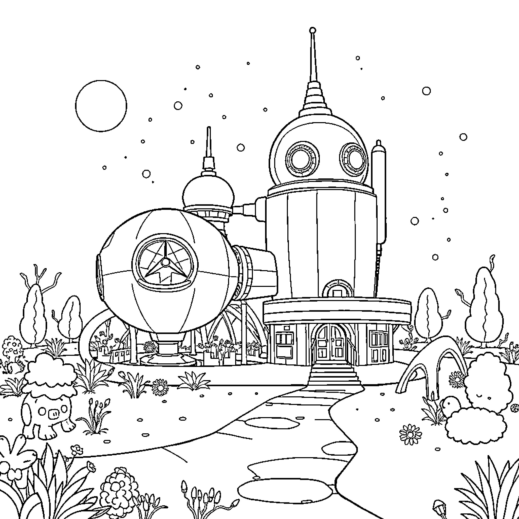Playground of Futuristic Structures and Whimsical Landscapes Coloring Page (free black-and-white line drawing printable PDF for all, from beginners to advanced learners, including children, teens, adults, and seniors)