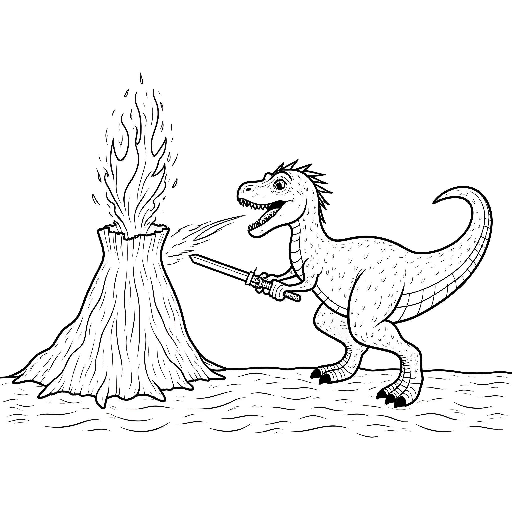 Dragon blowing fire from a stick Coloring Page (free black-and-white line drawing printable PDF for all, from beginners to advanced learners, including children, teens, adults, and seniors)