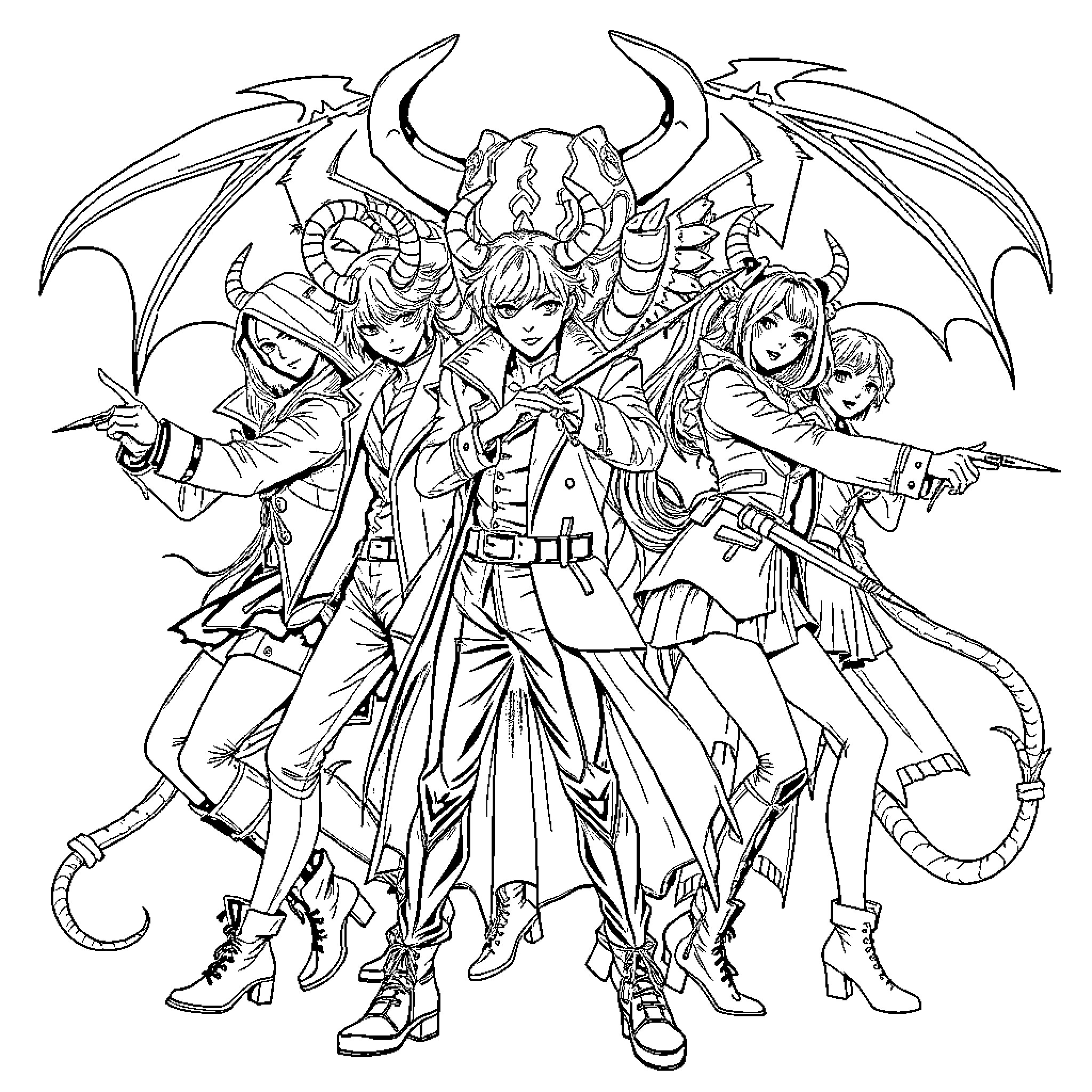 Demon Hunter Squad Battling Evil Supernatural Beings Coloring Page (free black-and-white line drawing printable PDF for all, from beginners to advanced learners, including children, teens, adults, and seniors)
