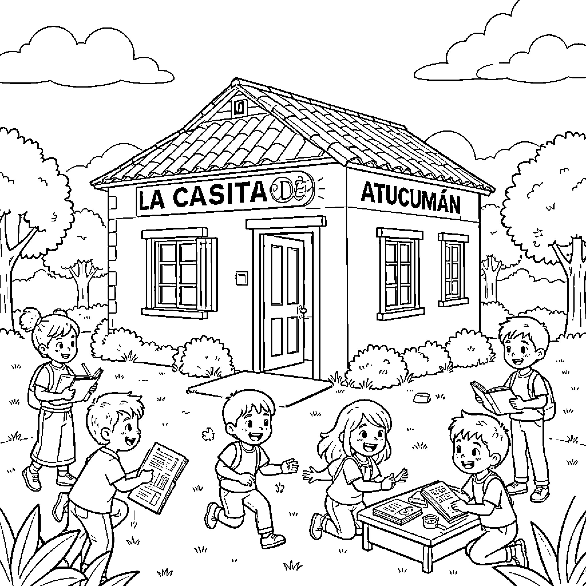Casita where children play and learn together outdoors Coloring Page (free black-and-white line drawing printable PDF for all, from beginners to advanced learners, including children, teens, adults, and seniors)