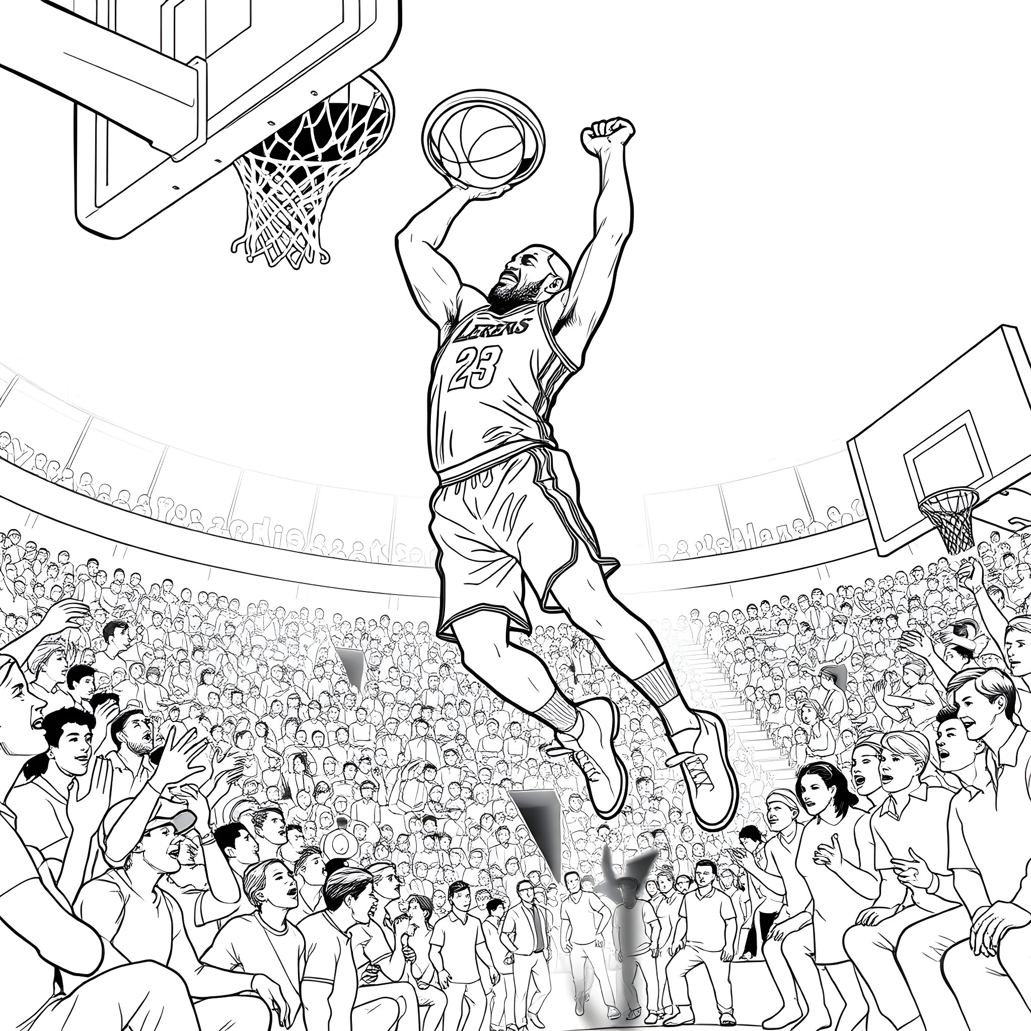 LeBron James' Inspiring Slam Dunk Performance Coloring Page (free black-and-white line drawing printable PDF for all, from beginners to advanced learners, including children, teens, adults, and seniors)