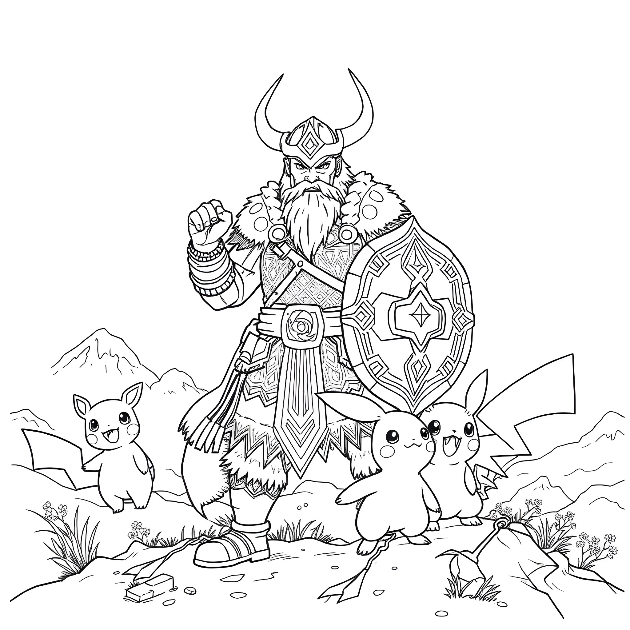 Viking Pokemon on a grand adventure Coloring Page (free black-and-white line drawing printable PDF for all, from beginners to advanced learners, including children, teens, adults, and seniors)