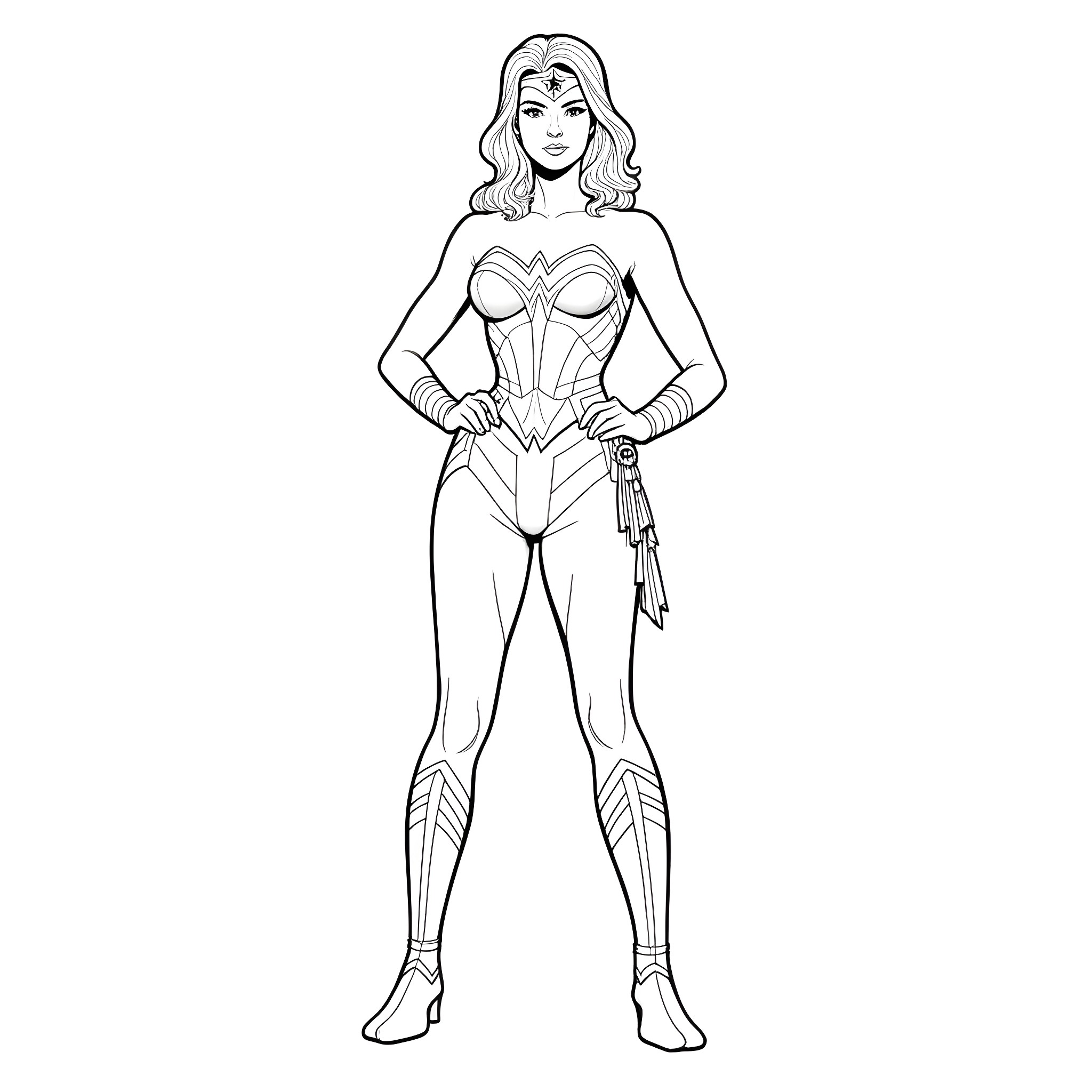 Wonder Woman in heroic action pose Coloring Page (free black-and-white line drawing printable PDF for all, from beginners to advanced learners, including children, teens, adults, and seniors)
