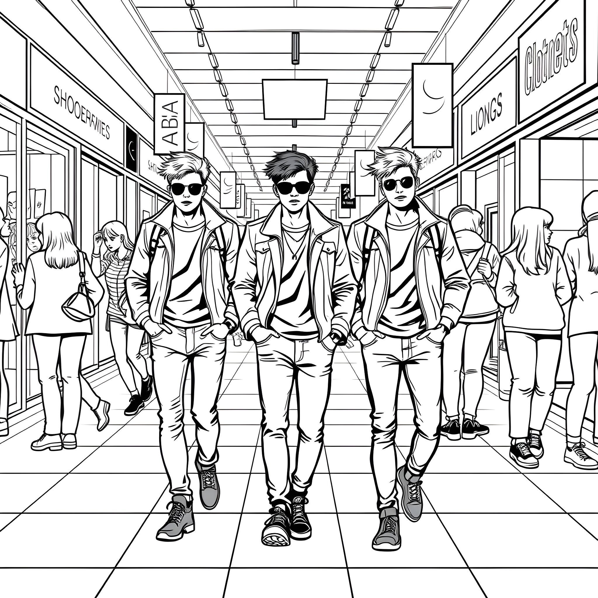 Teen Guys Walking Confidently in a Crowded Mall Coloring Page (free black-and-white line drawing printable PDF for all, from beginners to advanced learners, including children, teens, adults, and seniors)