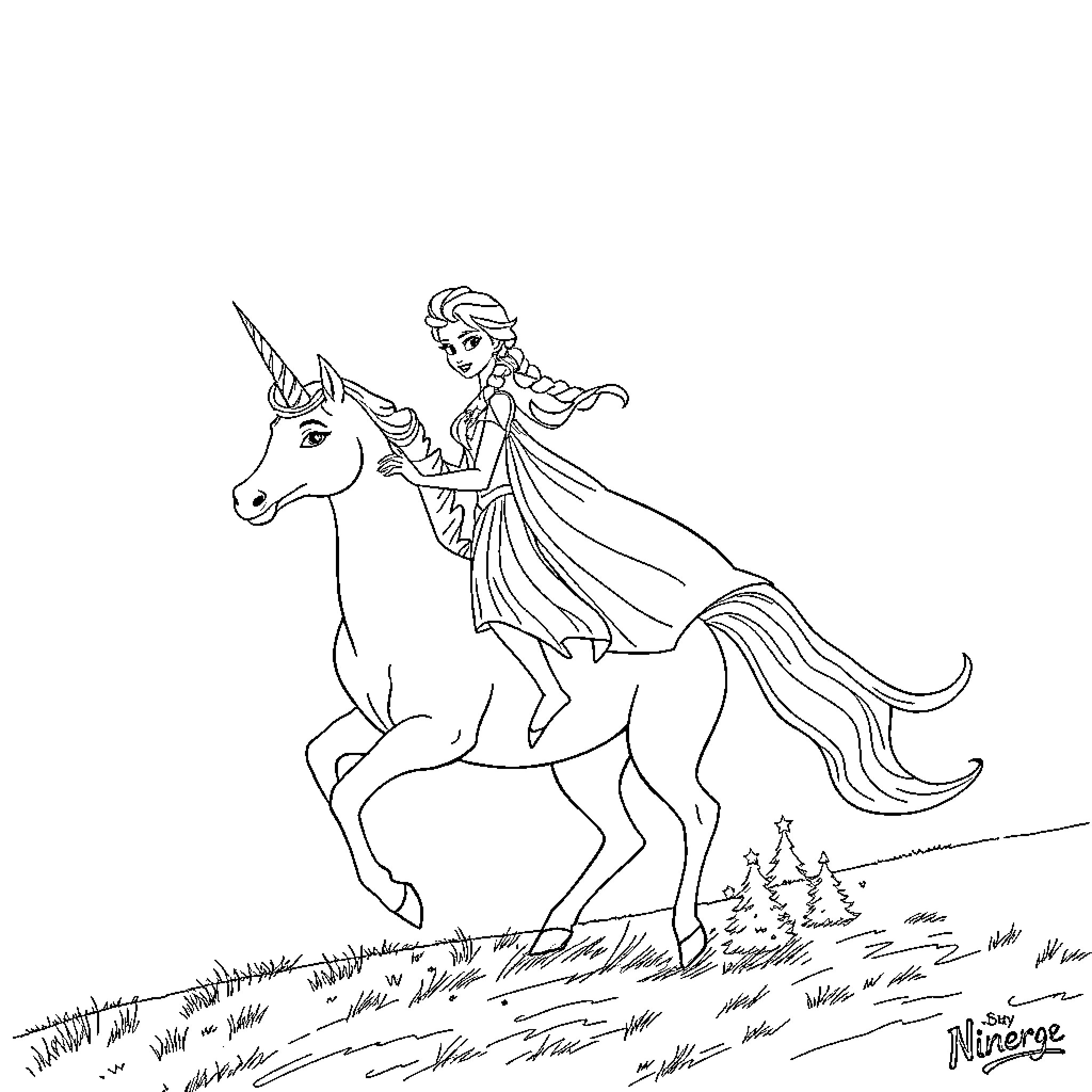 Elsa riding a unicorn through a magical forest Coloring Page (free black-and-white line drawing printable PDF for all, from beginners to advanced learners, including children, teens, adults, and seniors)