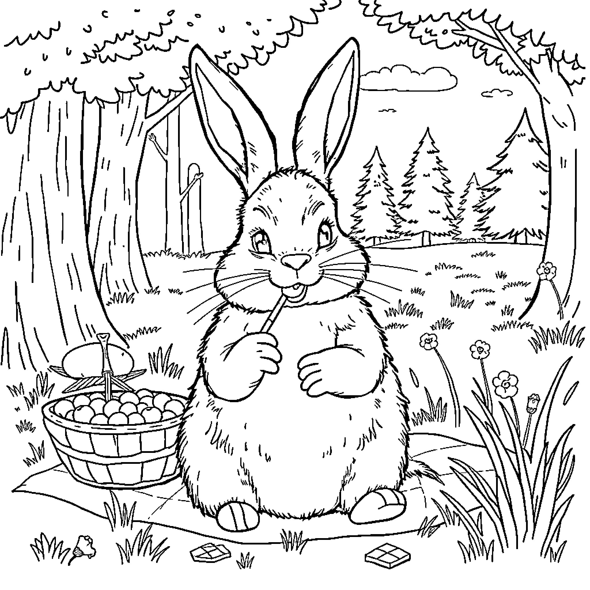 Conejo in the Forest with Basket of Eggs Coloring Page (free black-and-white line drawing printable PDF for all, from beginners to advanced learners, including children, teens, adults, and seniors)