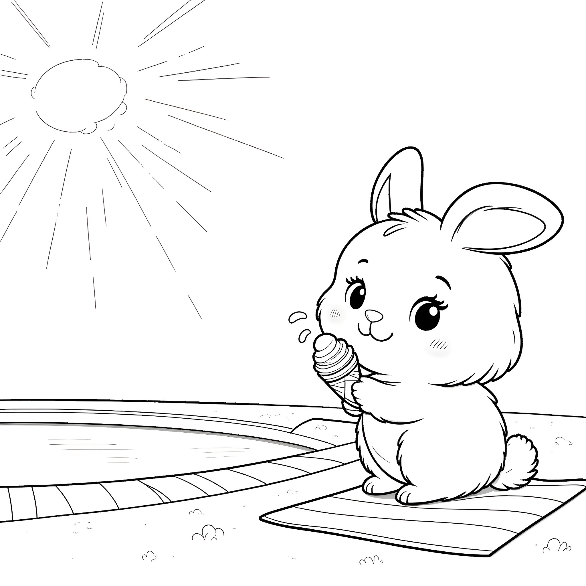 Rabbit enjoying an ice cream treat under the sun Coloring Page (free black-and-white line drawing printable PDF for all, from beginners to advanced learners, including children, teens, adults, and seniors)
