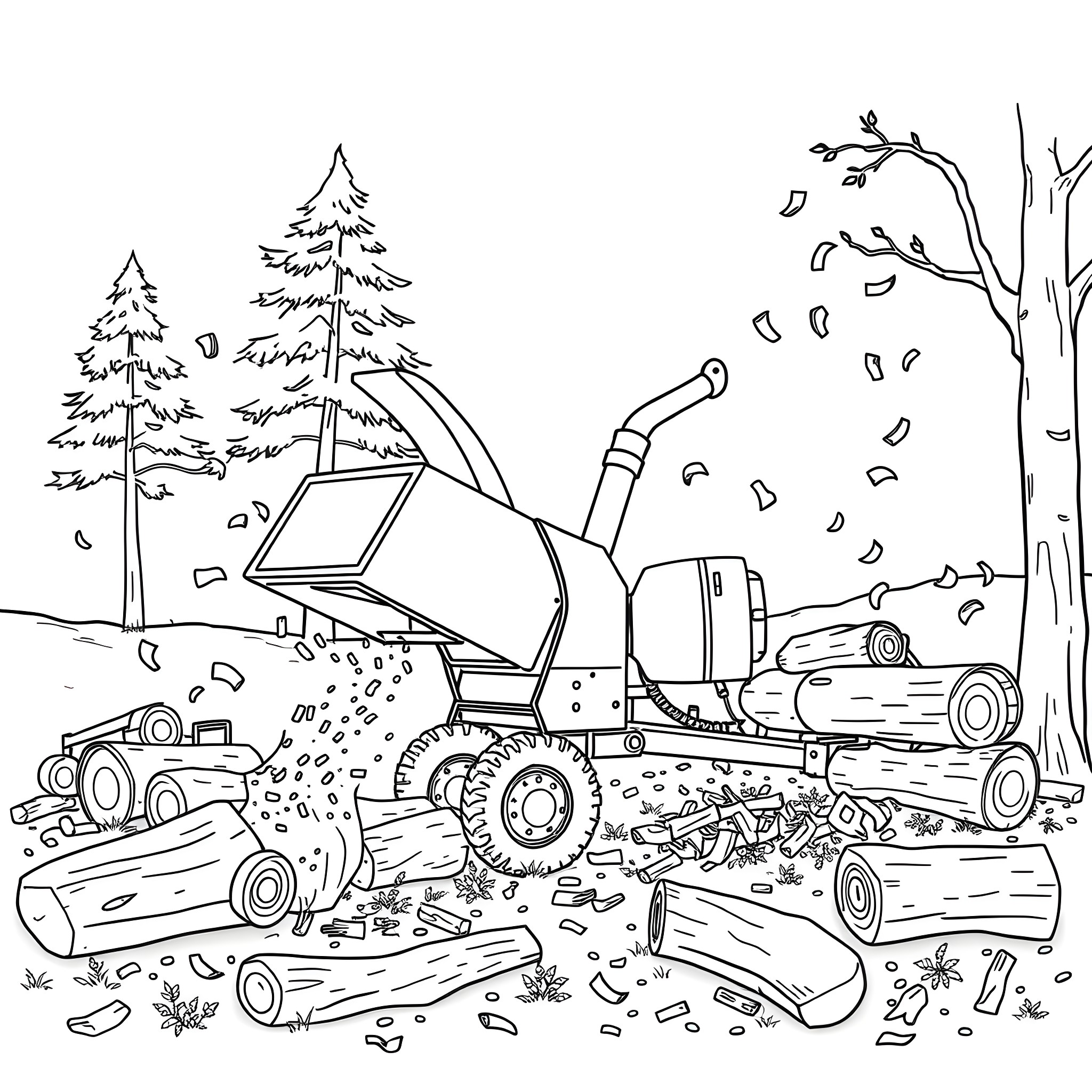 Wood Chipper Machinery Mulching Twigs and Branches in the Forest Coloring Page (free black-and-white line drawing printable PDF for all, from beginners to advanced learners, including children, teens, adults, and seniors)