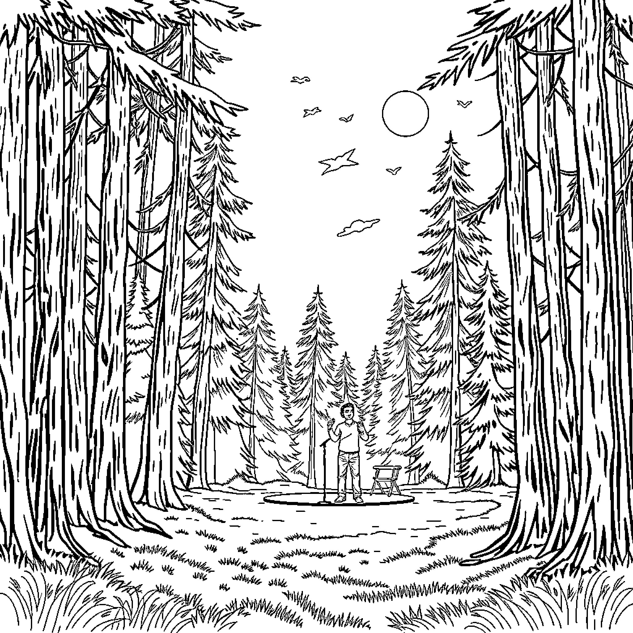 Comedy of Silhouetted Forestry Adventure Coloring Page (free black-and-white line drawing printable PDF for all, from beginners to advanced learners, including children, teens, adults, and seniors)