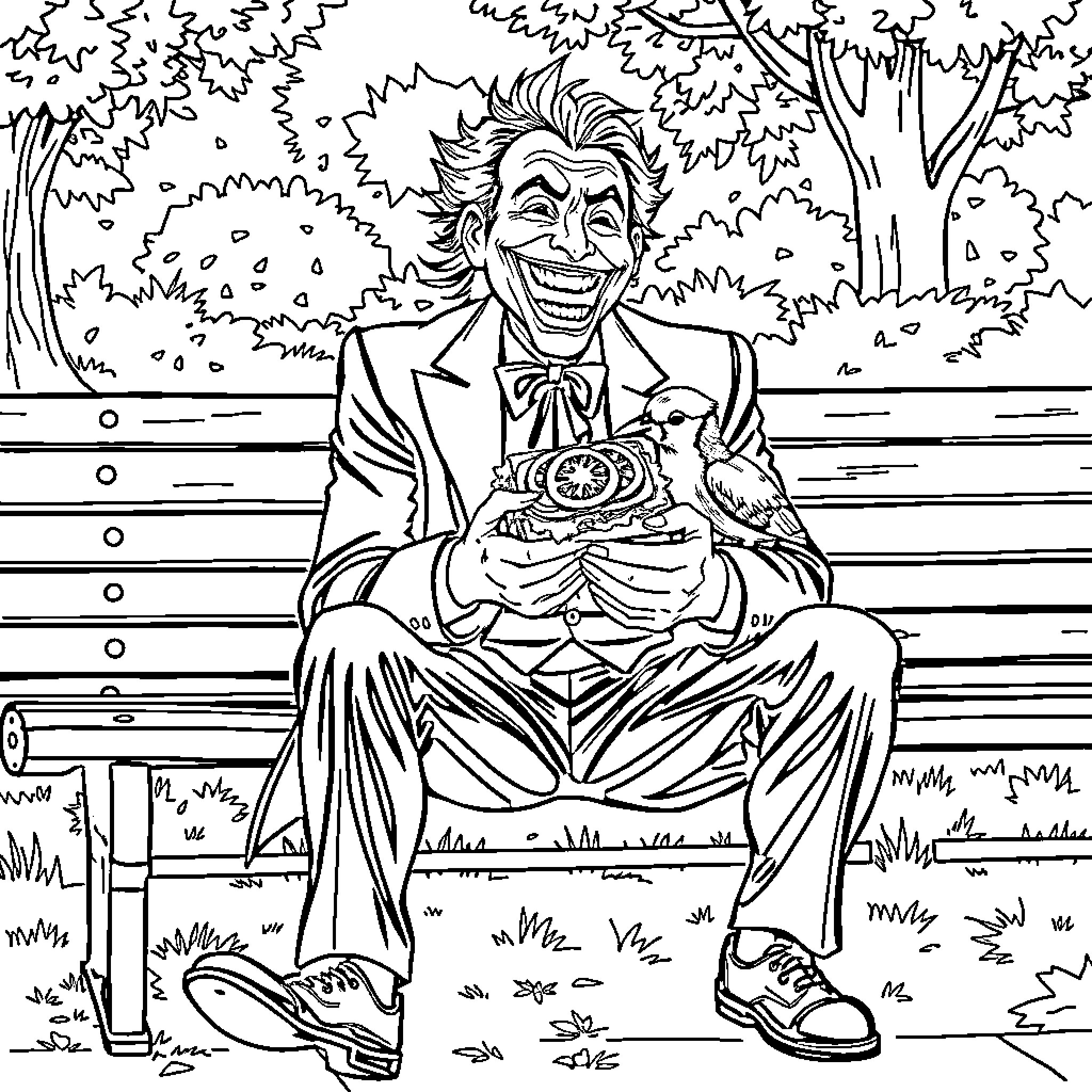 Joker enjoying a peaceful moment on a park bench Coloring Page (free black-and-white line drawing printable PDF for all, from beginners to advanced learners, including children, teens, adults, and seniors)