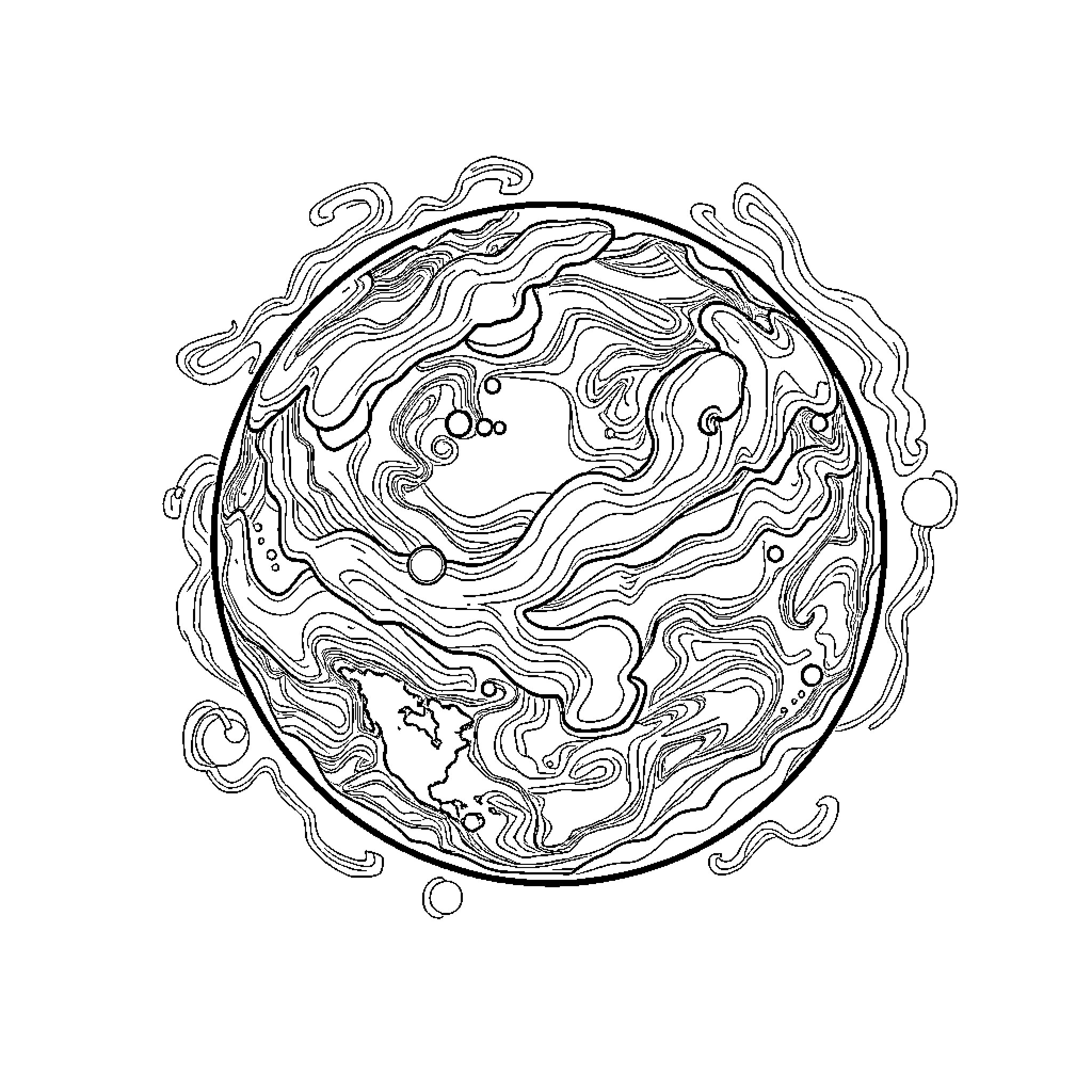 Earth's Mystical Swirling Patterns Coloring Page (free black-and-white line drawing printable PDF for all, from beginners to advanced learners, including children, teens, adults, and seniors)