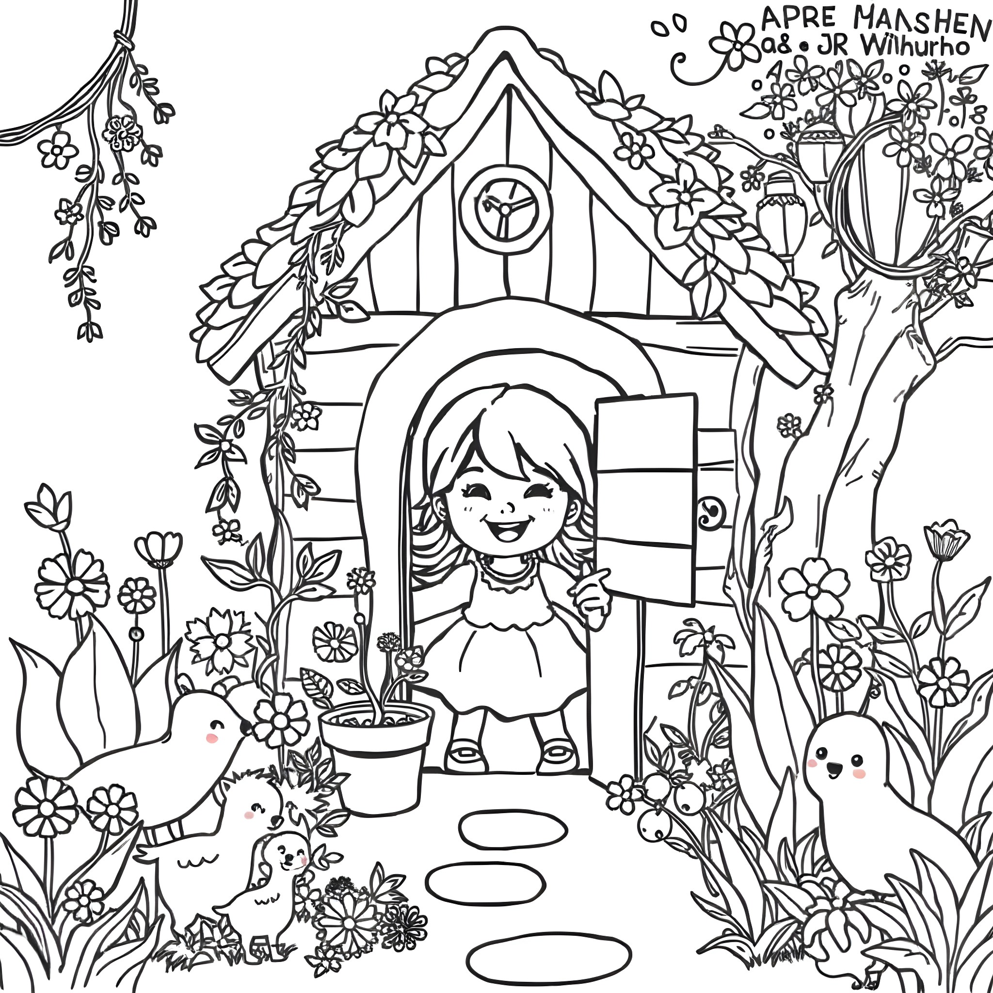 Girl watering plants outside her garden house Coloring Page (free black-and-white line drawing printable PDF for all, from beginners to advanced learners, including children, teens, adults, and seniors)