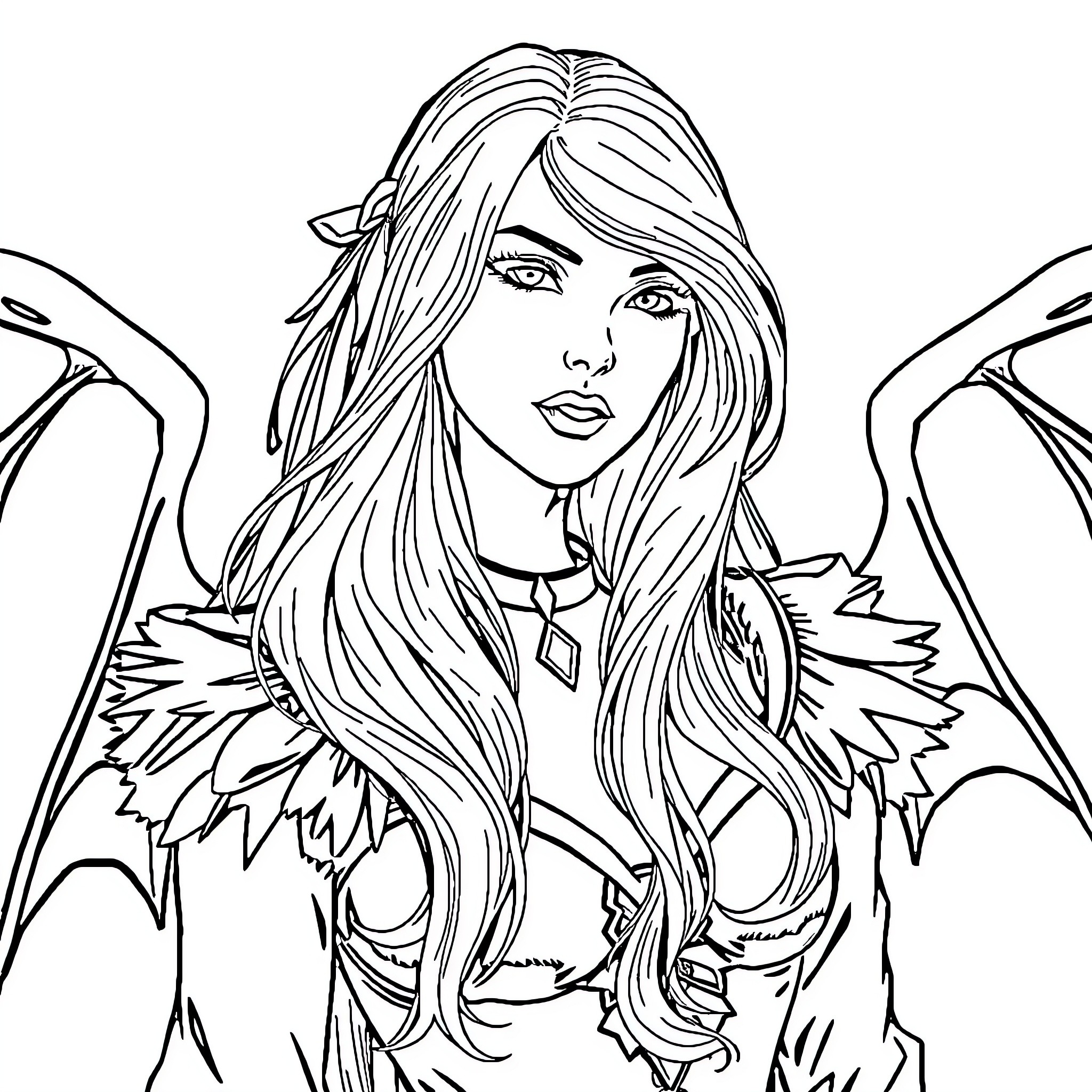 Morrigan - Winged Maiden in Contemplation Coloring Page (free black-and-white line drawing printable PDF for all, from beginners to advanced learners, including children, teens, adults, and seniors)