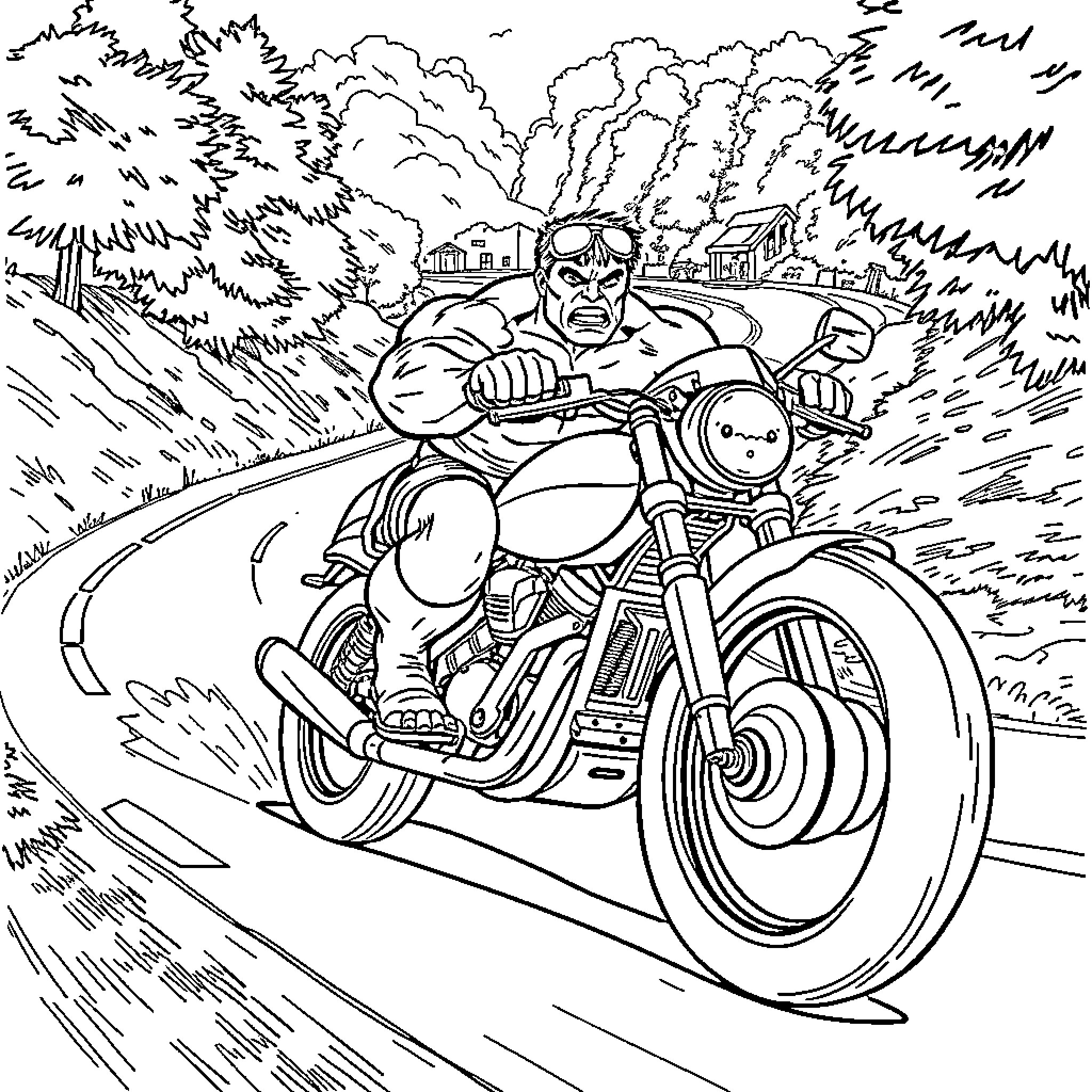Hulk riding a powerful motorcycle through the wilderness Coloring Page (free black-and-white line drawing printable PDF for all, from beginners to advanced learners, including children, teens, adults, and seniors)