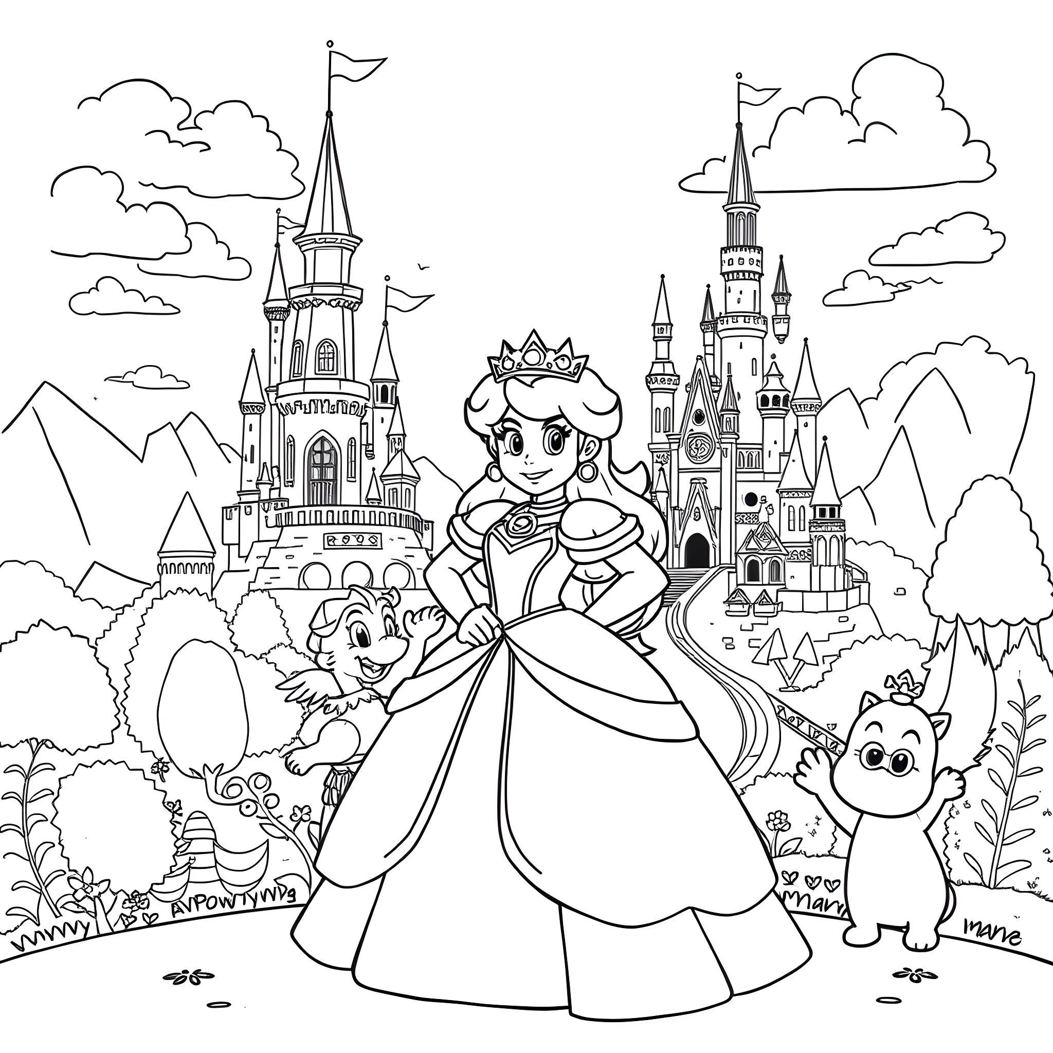 Princess Mario Exploring the Fantastical Castle Grounds Coloring Page (free black-and-white line drawing printable PDF for all, from beginners to advanced learners, including children, teens, adults, and seniors)