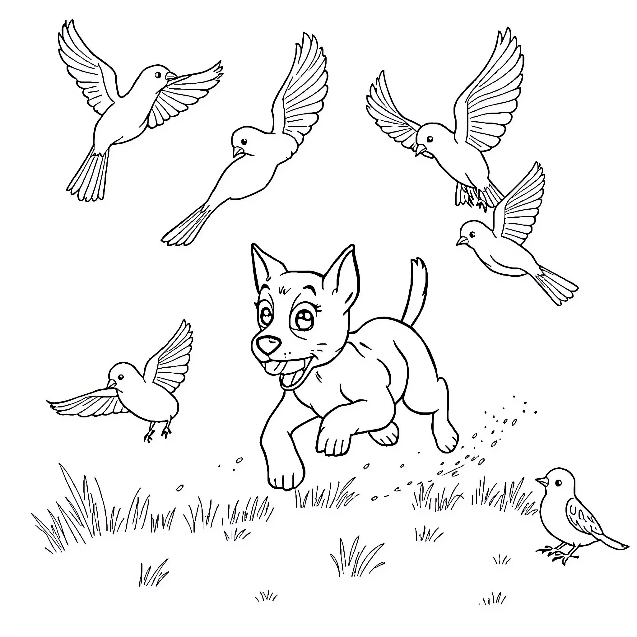 Perro playing joyfully with birds in the meadow Coloring Page (free black-and-white line drawing printable PDF for all, from beginners to advanced learners, including children, teens, adults, and seniors)