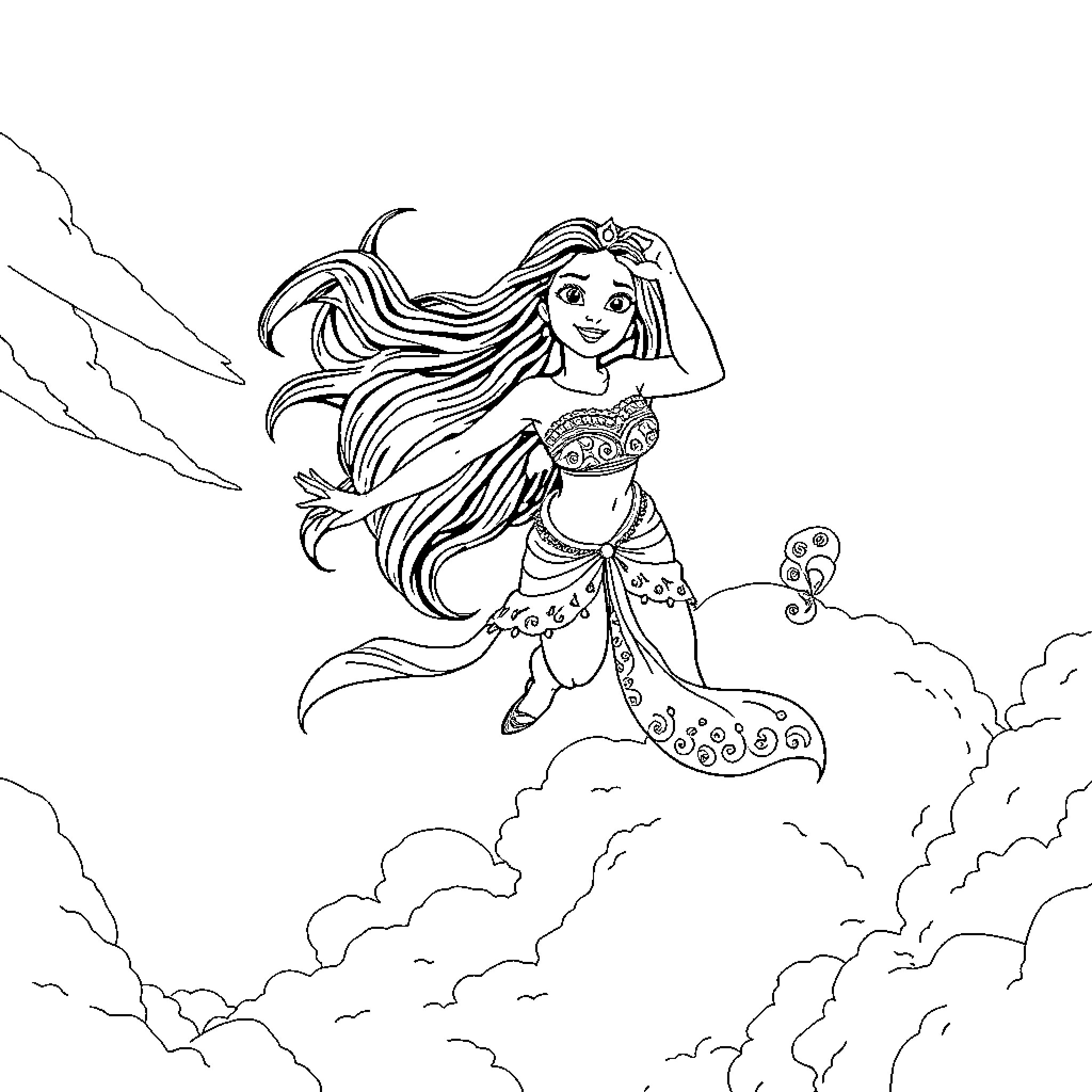 Vaiana exploring the enchanted skies Coloring Page (free black-and-white line drawing printable PDF for all, from beginners to advanced learners, including children, teens, adults, and seniors)