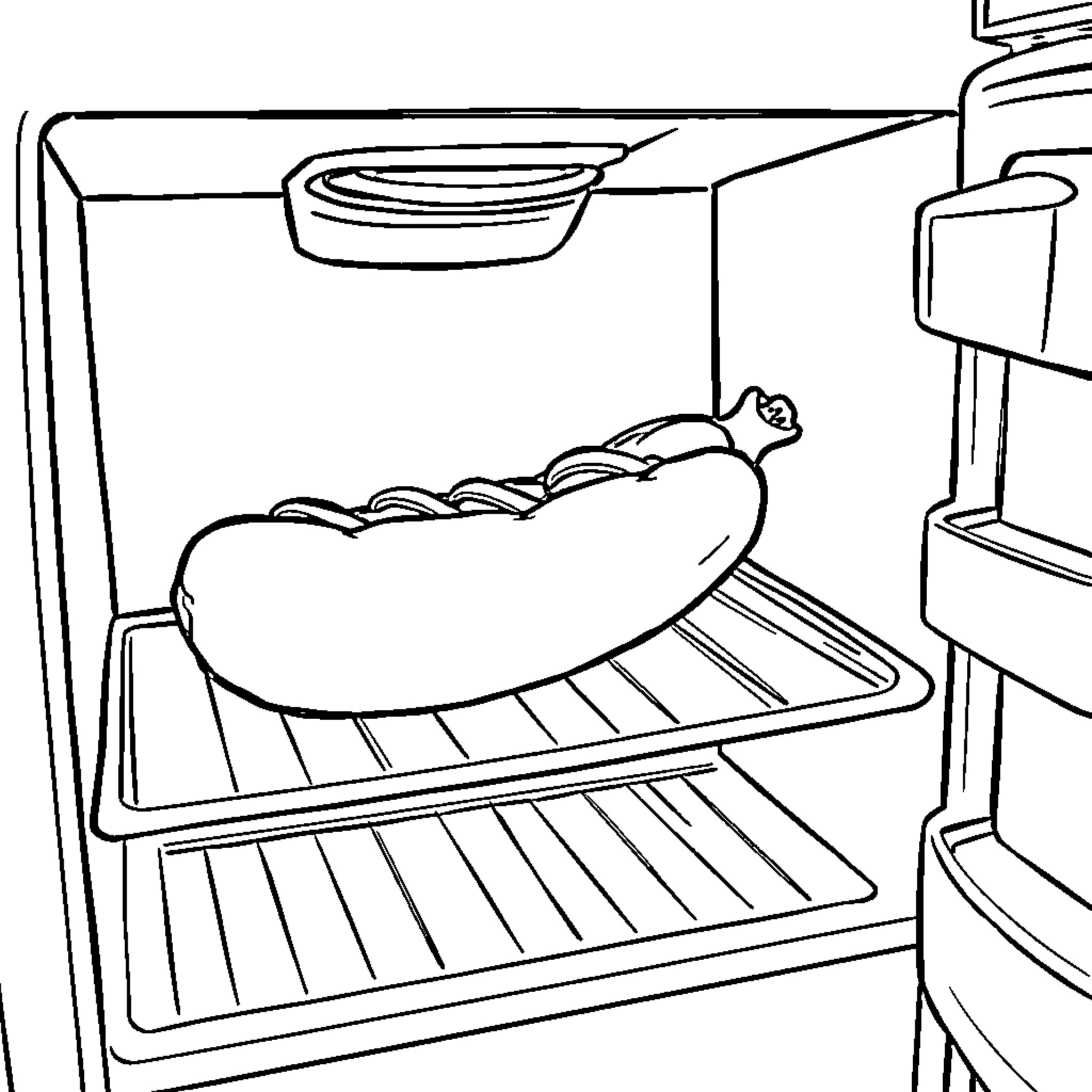 Hotdog chilling in the refrigerator Coloring Page (free black-and-white line drawing printable PDF for all, from beginners to advanced learners, including children, teens, adults, and seniors)
