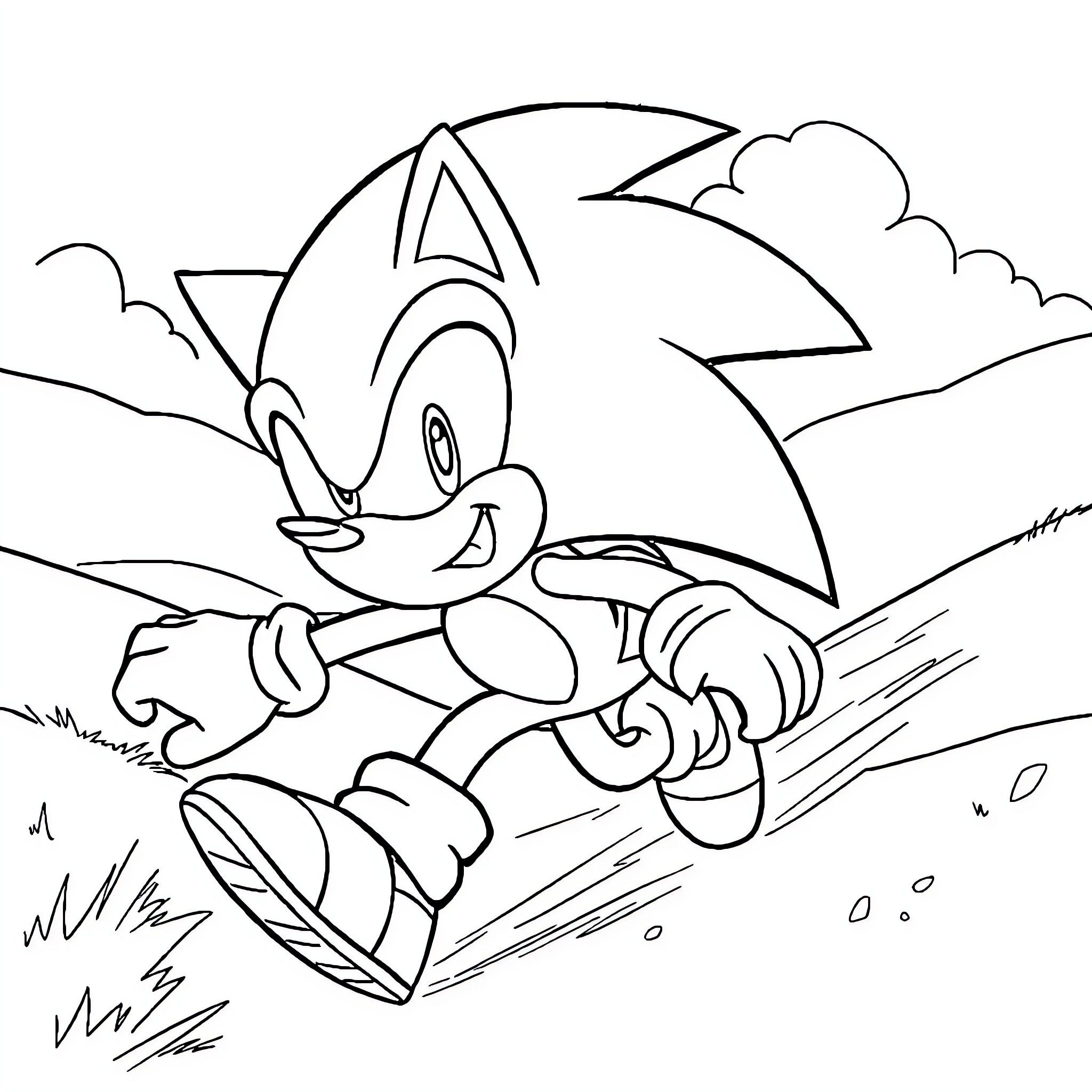Supersonic character racing through the countryside Coloring Page (free black-and-white line drawing printable PDF for all, from beginners to advanced learners, including children, teens, adults, and seniors)