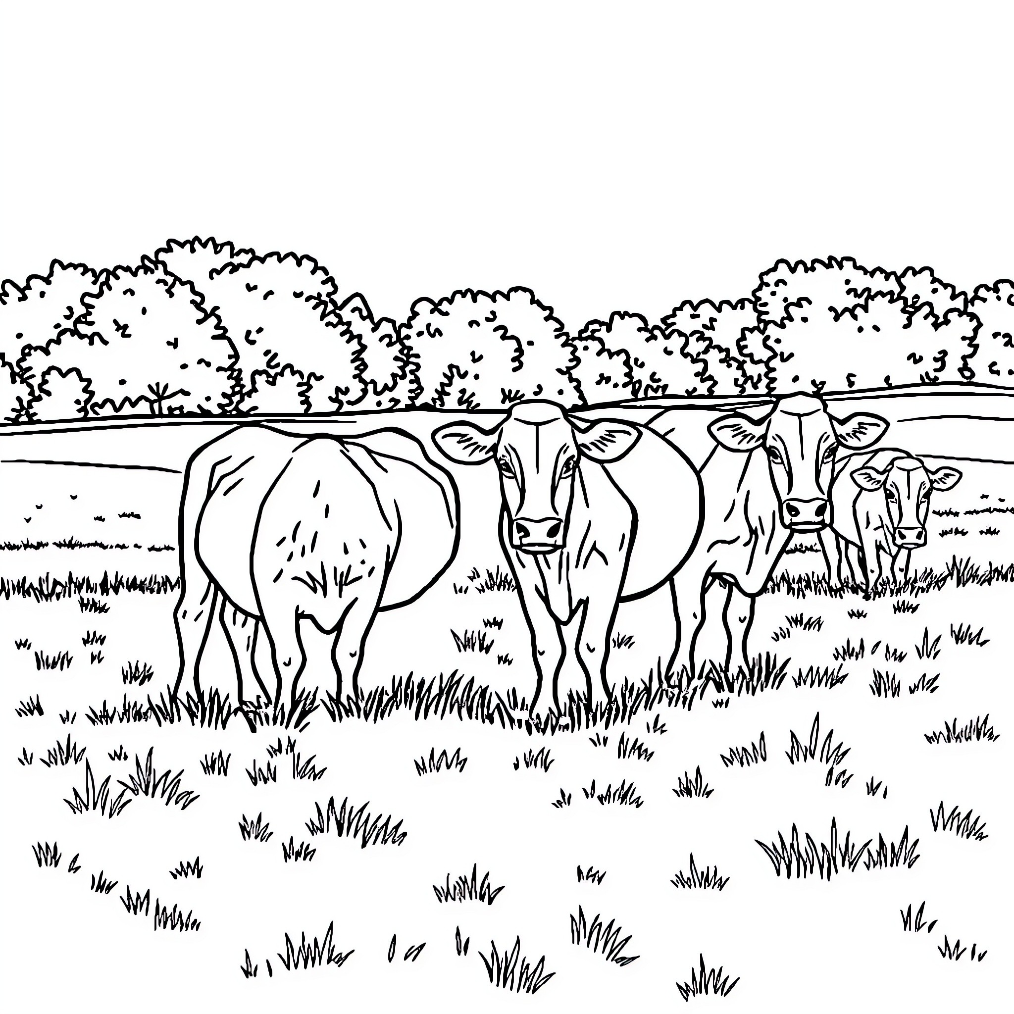 Cow herd grazing peacefully in the field Coloring Page (free black-and-white line drawing printable PDF for all, from beginners to advanced learners, including children, teens, adults, and seniors)