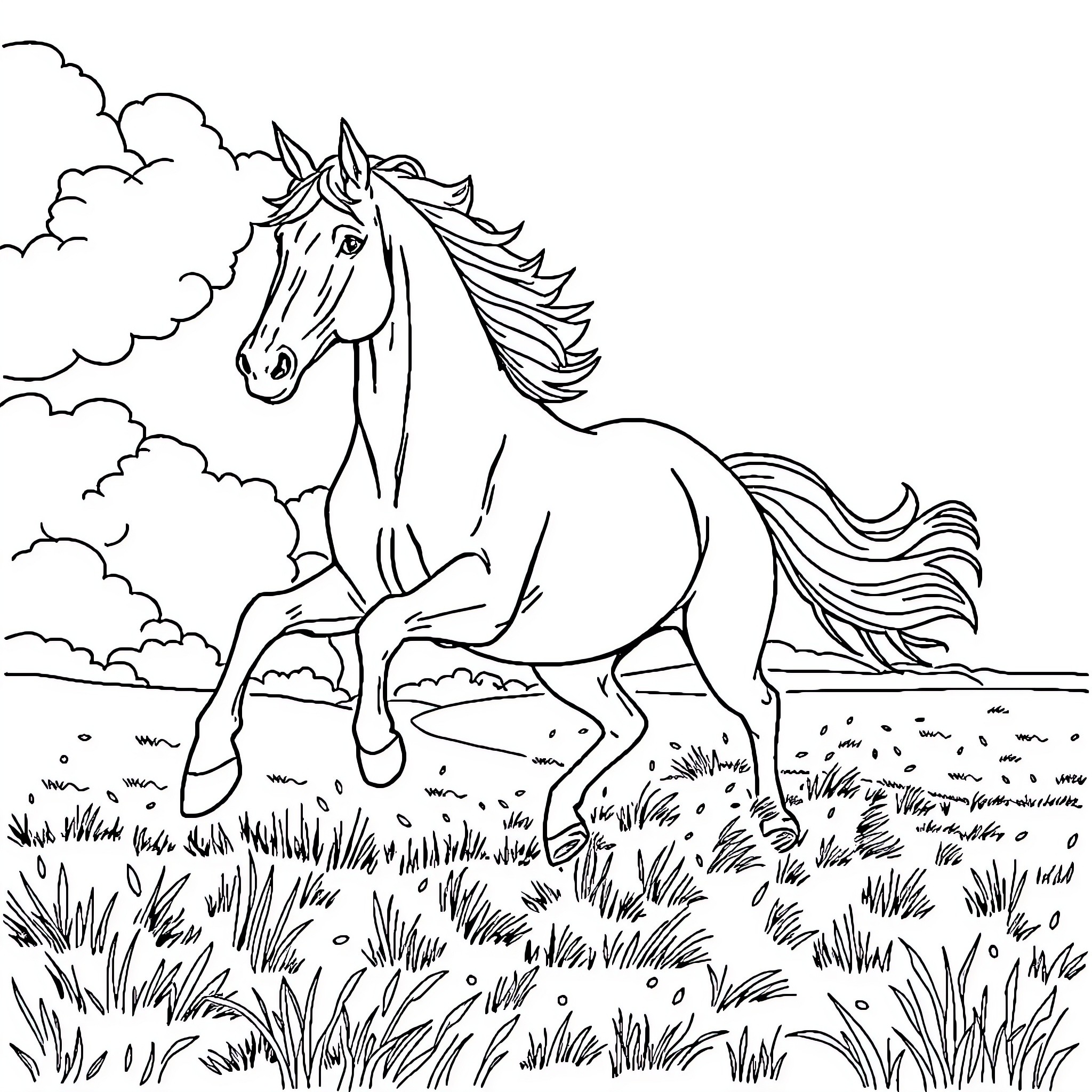 Horse galloping freely in a grassy field Coloring Page (free black-and-white line drawing printable PDF for all, from beginners to advanced learners, including children, teens, adults, and seniors)