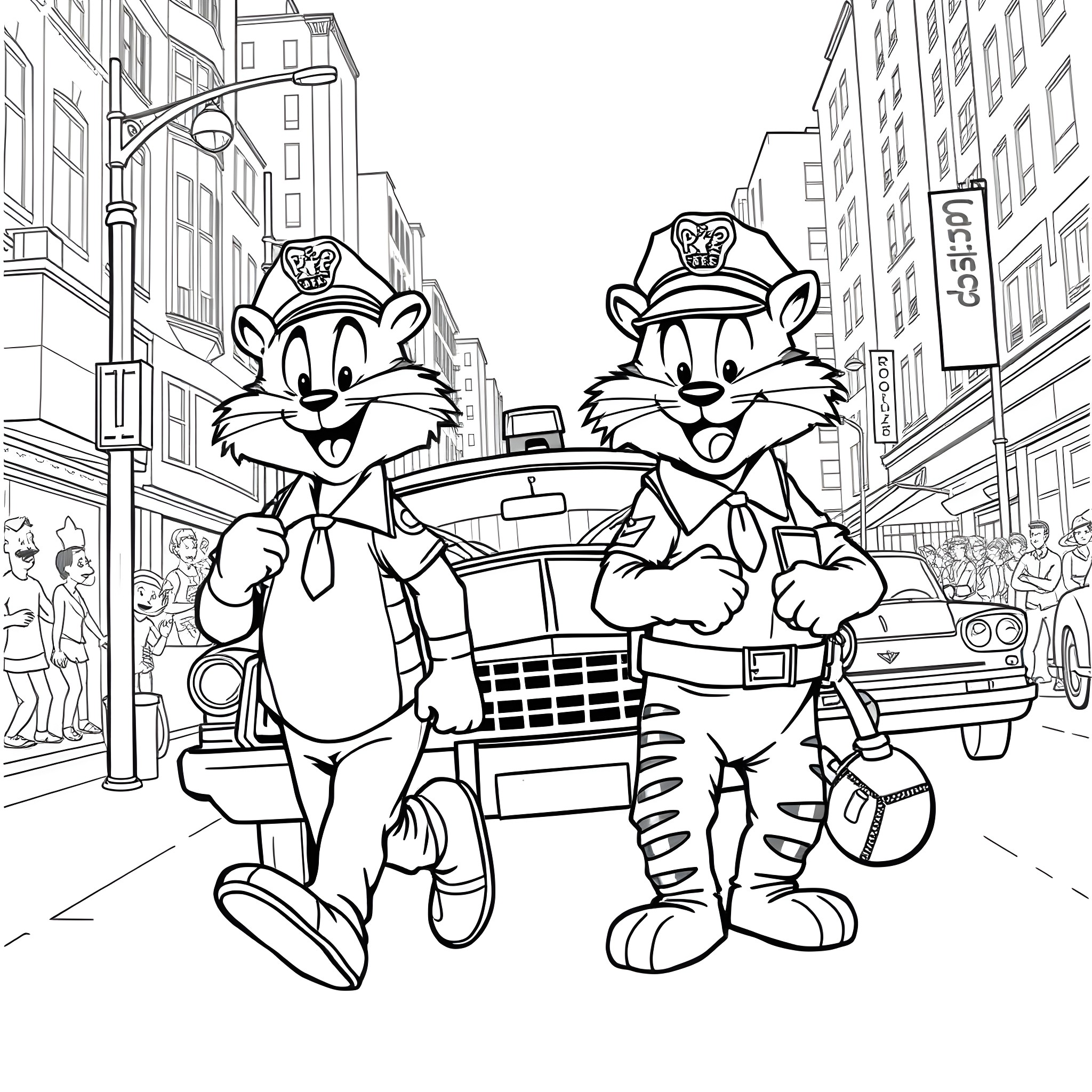 Calvin and Hobbes as Police Officers on City Street Coloring Page (free black-and-white line drawing printable PDF for all, from beginners to advanced learners, including children, teens, adults, and seniors)