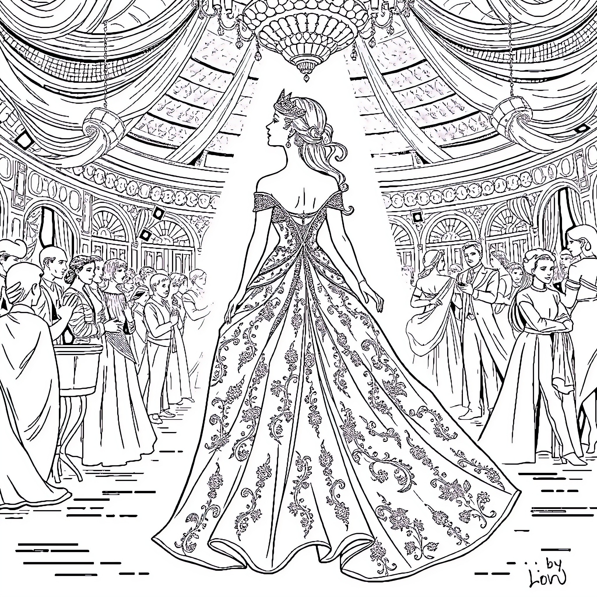 Queen's Formal Attire and Regal Gathering Coloring Page (free black-and-white line drawing printable PDF for all, from beginners to advanced learners, including children, teens, adults, and seniors)