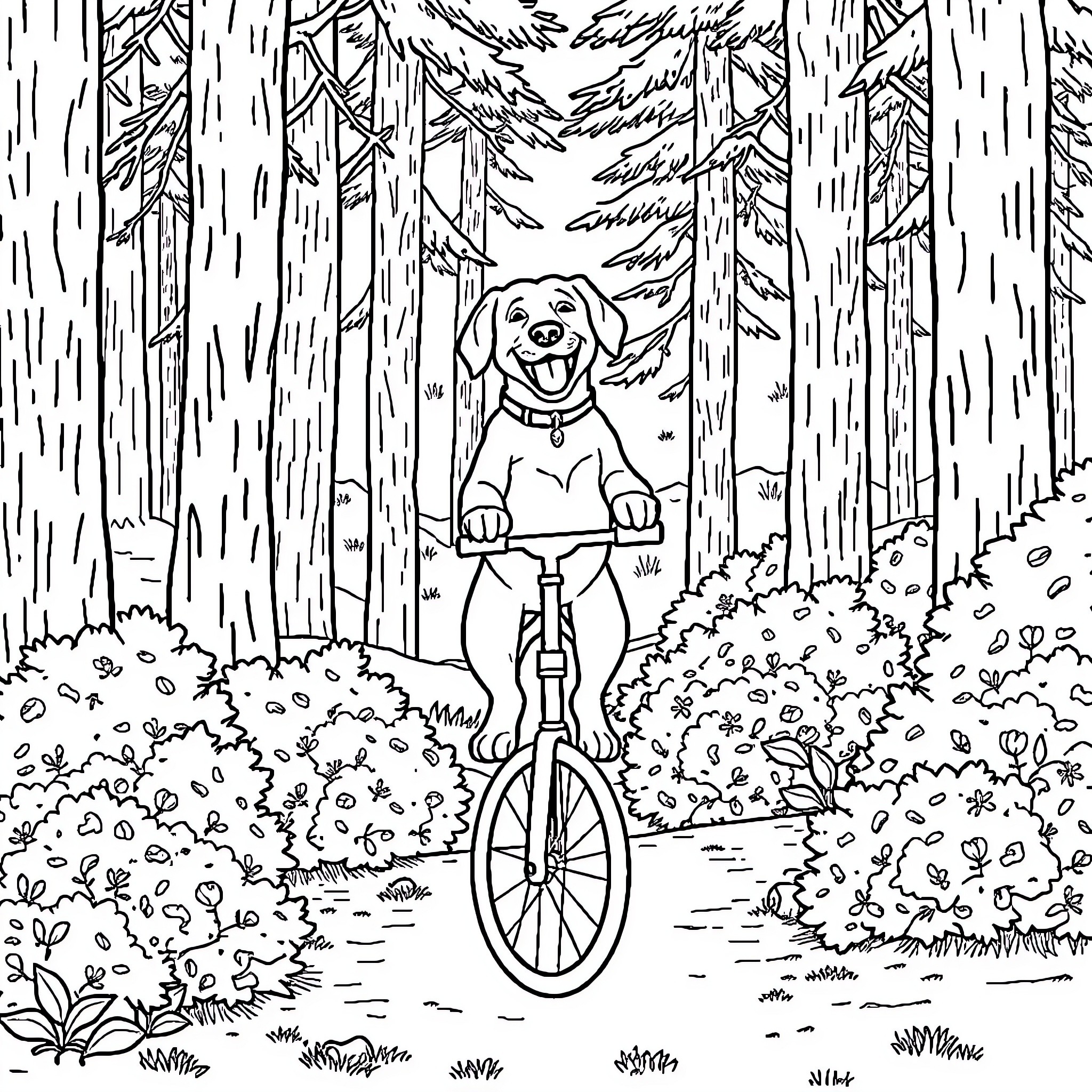 Labrador riding a unicycle in the forest Coloring Page (free black-and-white line drawing printable PDF for all, from beginners to advanced learners, including children, teens, adults, and seniors)