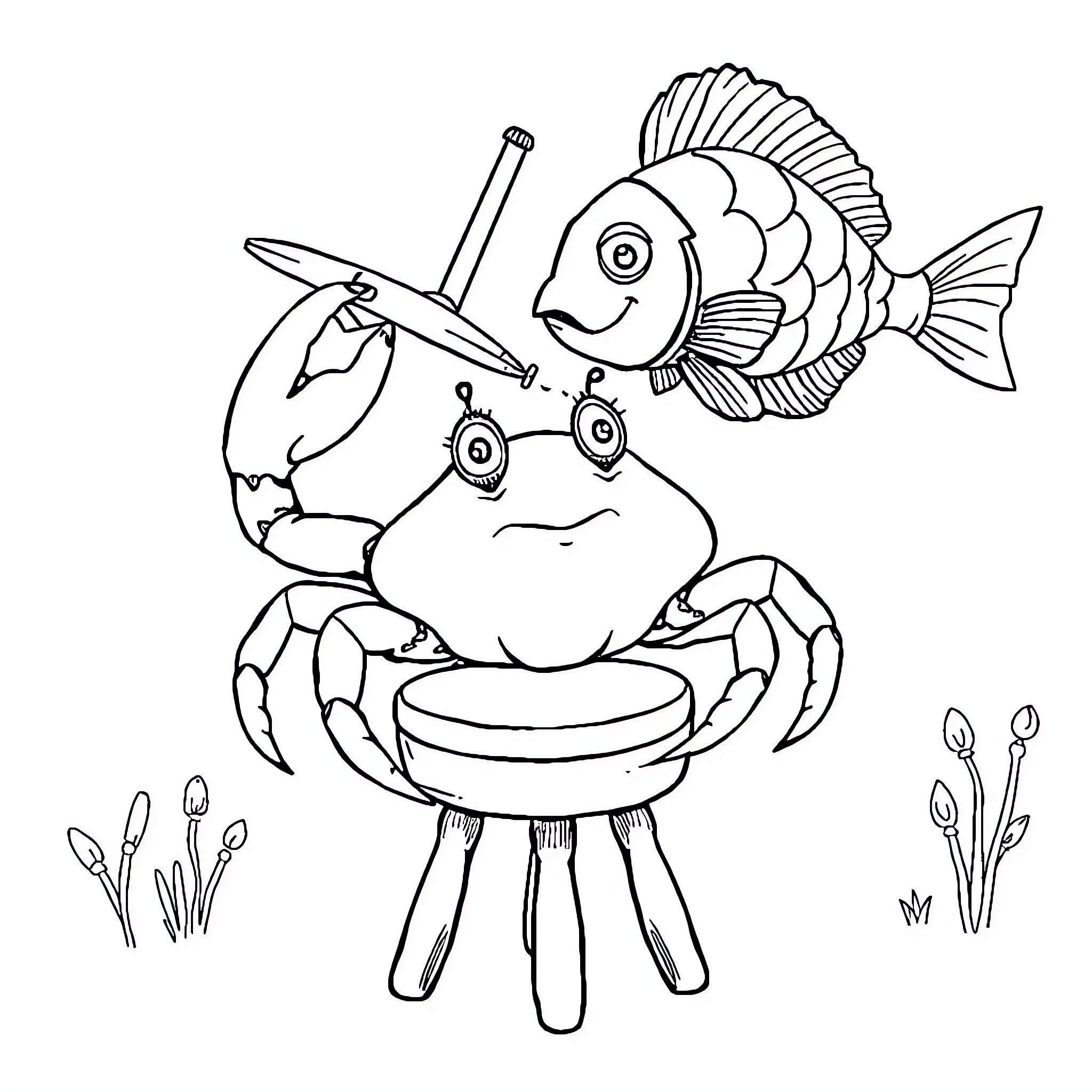 Crab cooking fish on a stove Coloring Page (free black-and-white line drawing printable PDF for all, from beginners to advanced learners, including children, teens, adults, and seniors)
