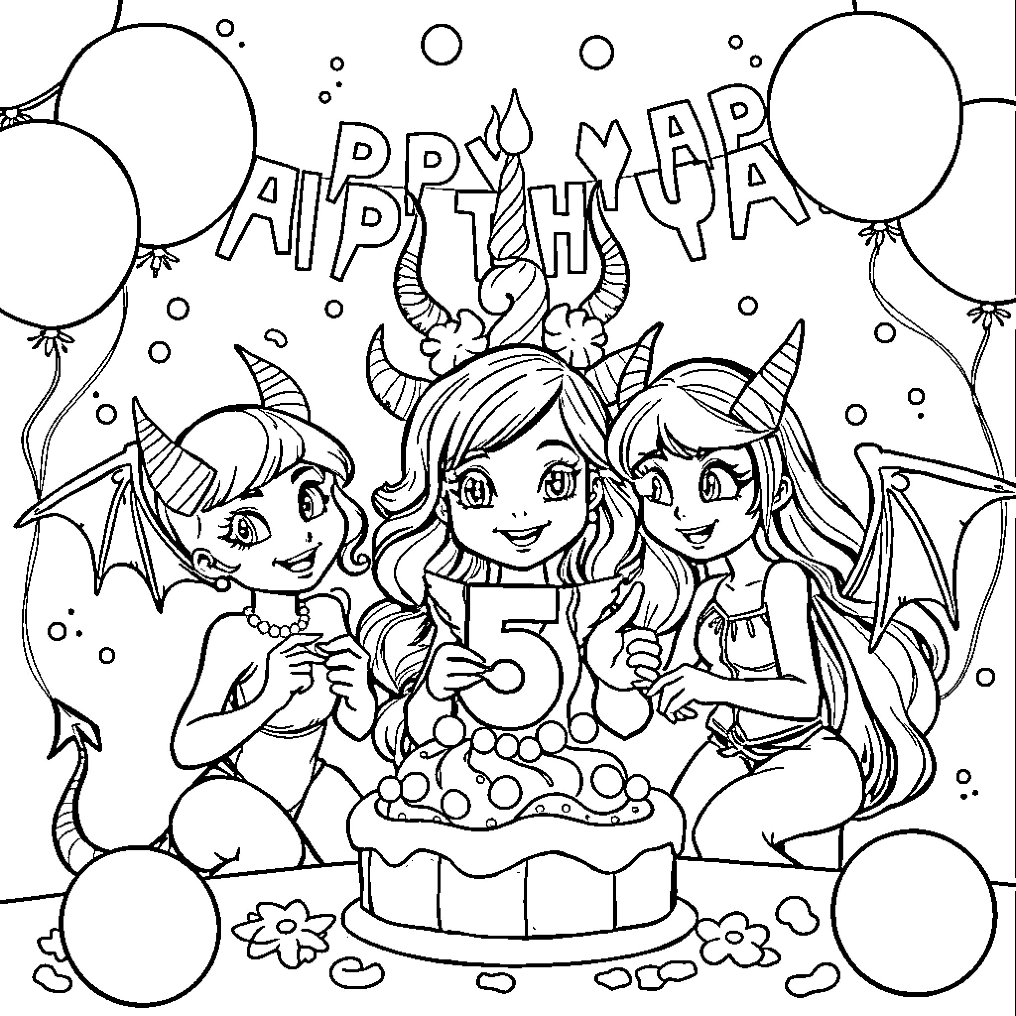 Huntrix Birthday Celebration with Monstrous Friends Coloring Page (free black-and-white line drawing printable PDF for all, from beginners to advanced learners, including children, teens, adults, and seniors)