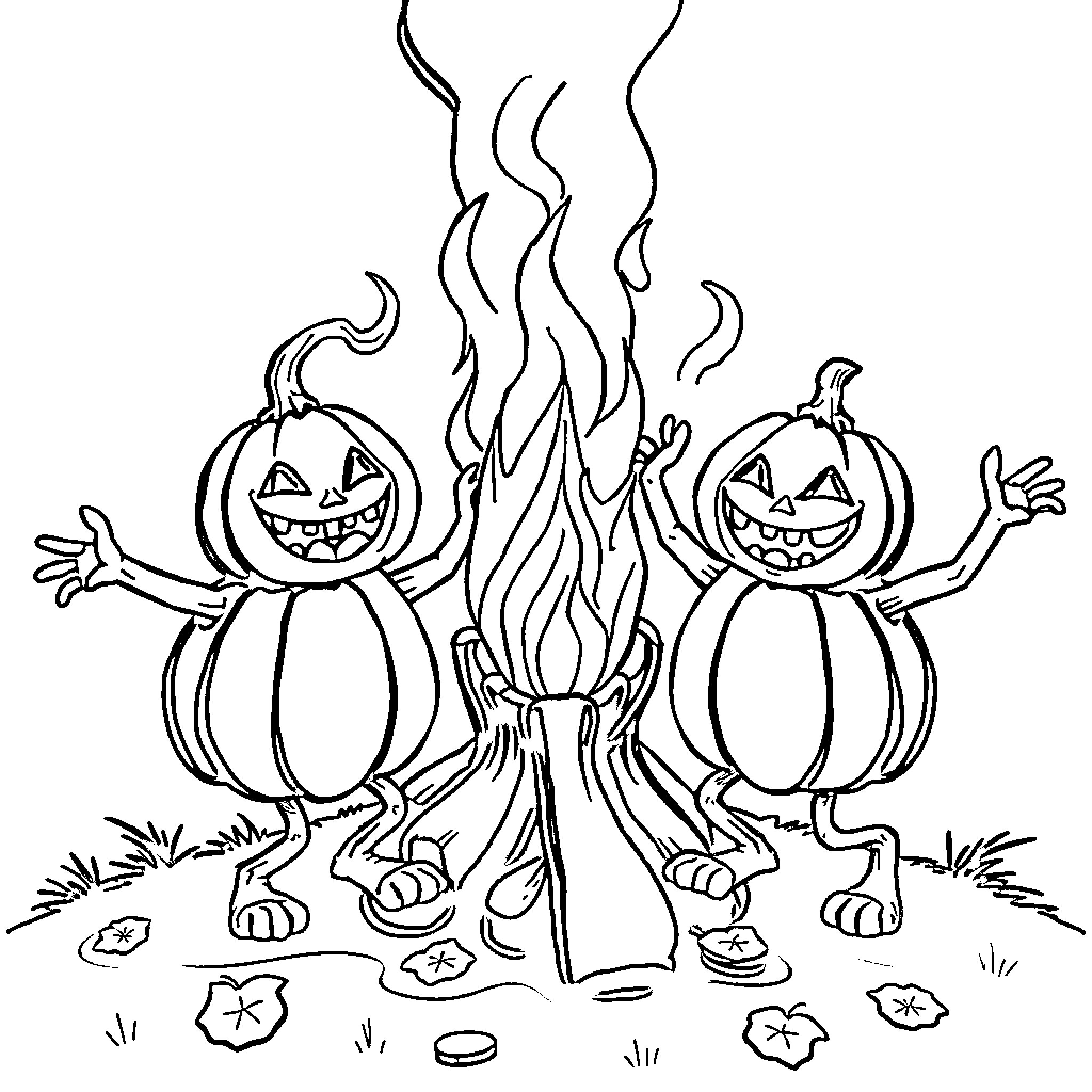 Pumpkin characters dancing around a campfire Coloring Page (free black-and-white line drawing printable PDF for all, from beginners to advanced learners, including children, teens, adults, and seniors)