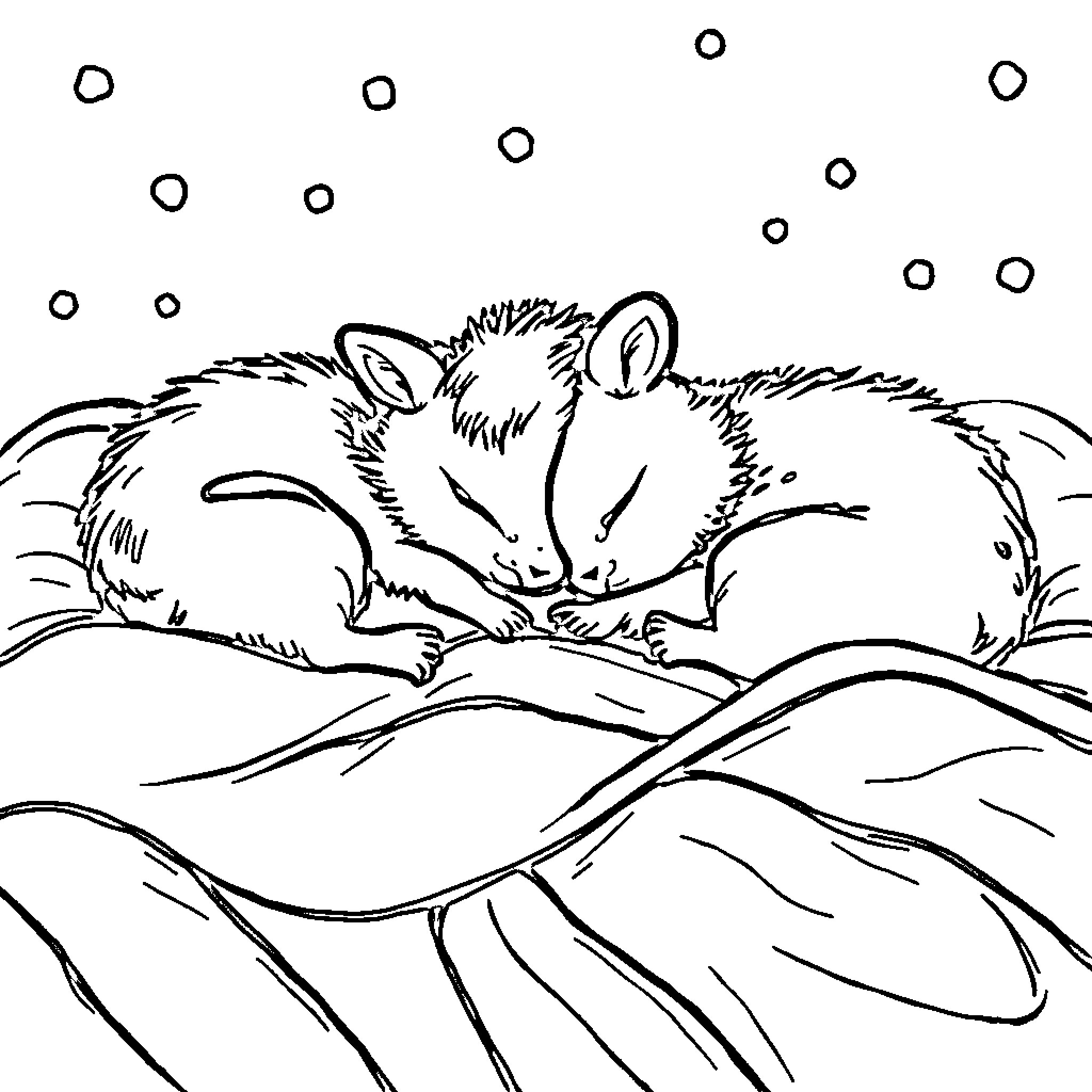 Homie hamsters napping cozy in the meadow Coloring Page (free black-and-white line drawing printable PDF for all, from beginners to advanced learners, including children, teens, adults, and seniors)