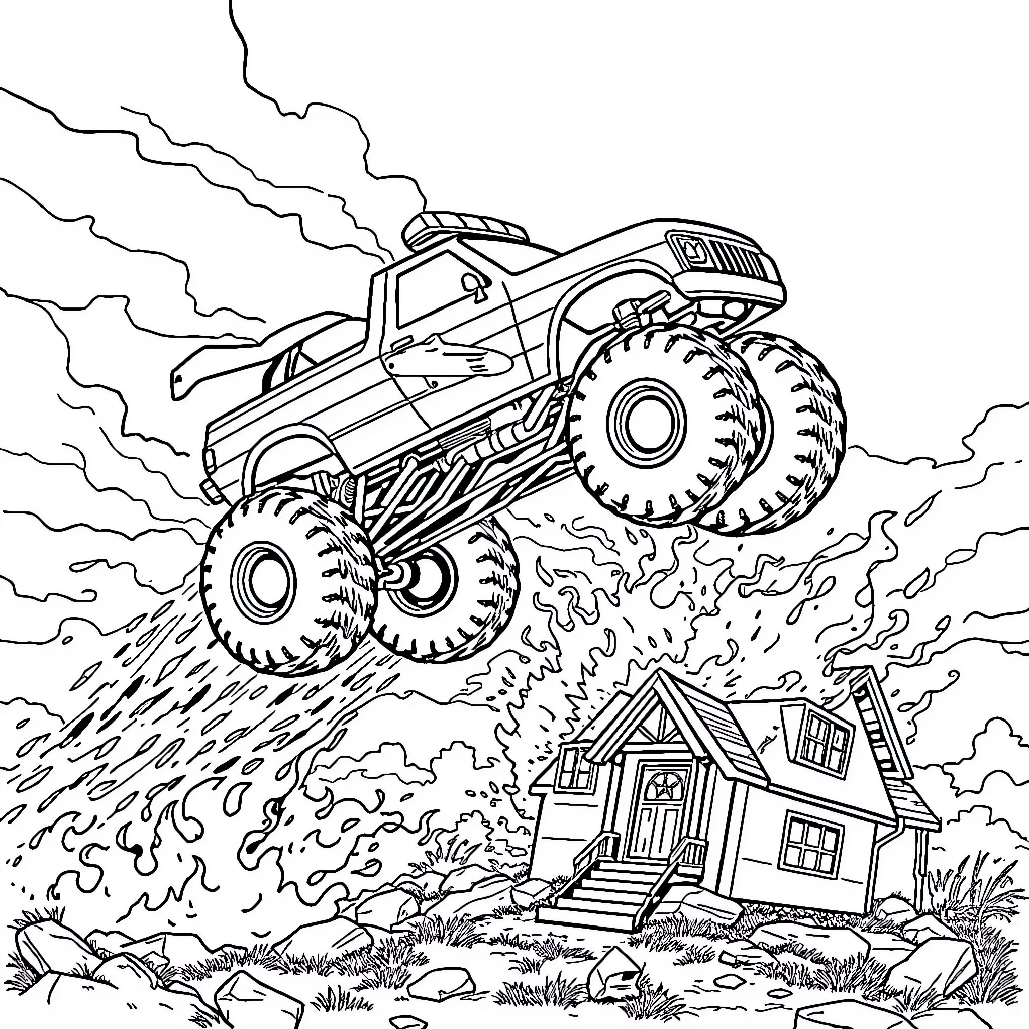 Monster Truck Crushing Through the Countryside Coloring Page (free black-and-white line drawing printable PDF for all, from beginners to advanced learners, including children, teens, adults, and seniors)