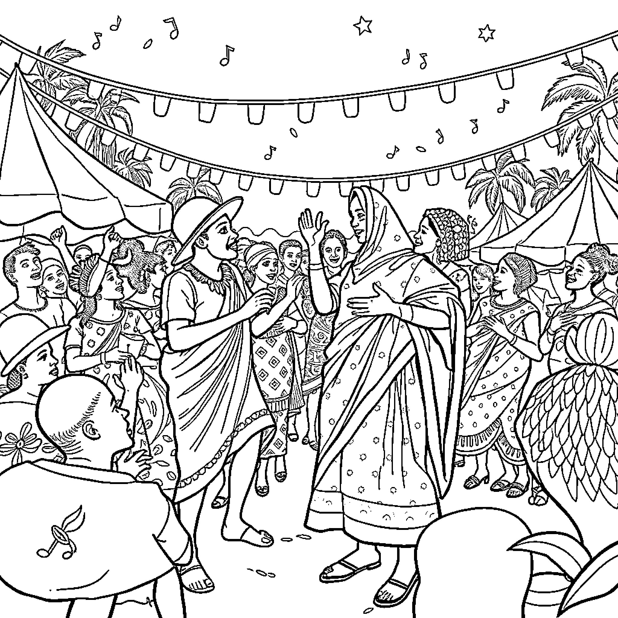 Ghana Cultural Festival with Vibrant Celebrations Coloring Page (free black-and-white line drawing printable PDF for all, from beginners to advanced learners, including children, teens, adults, and seniors)