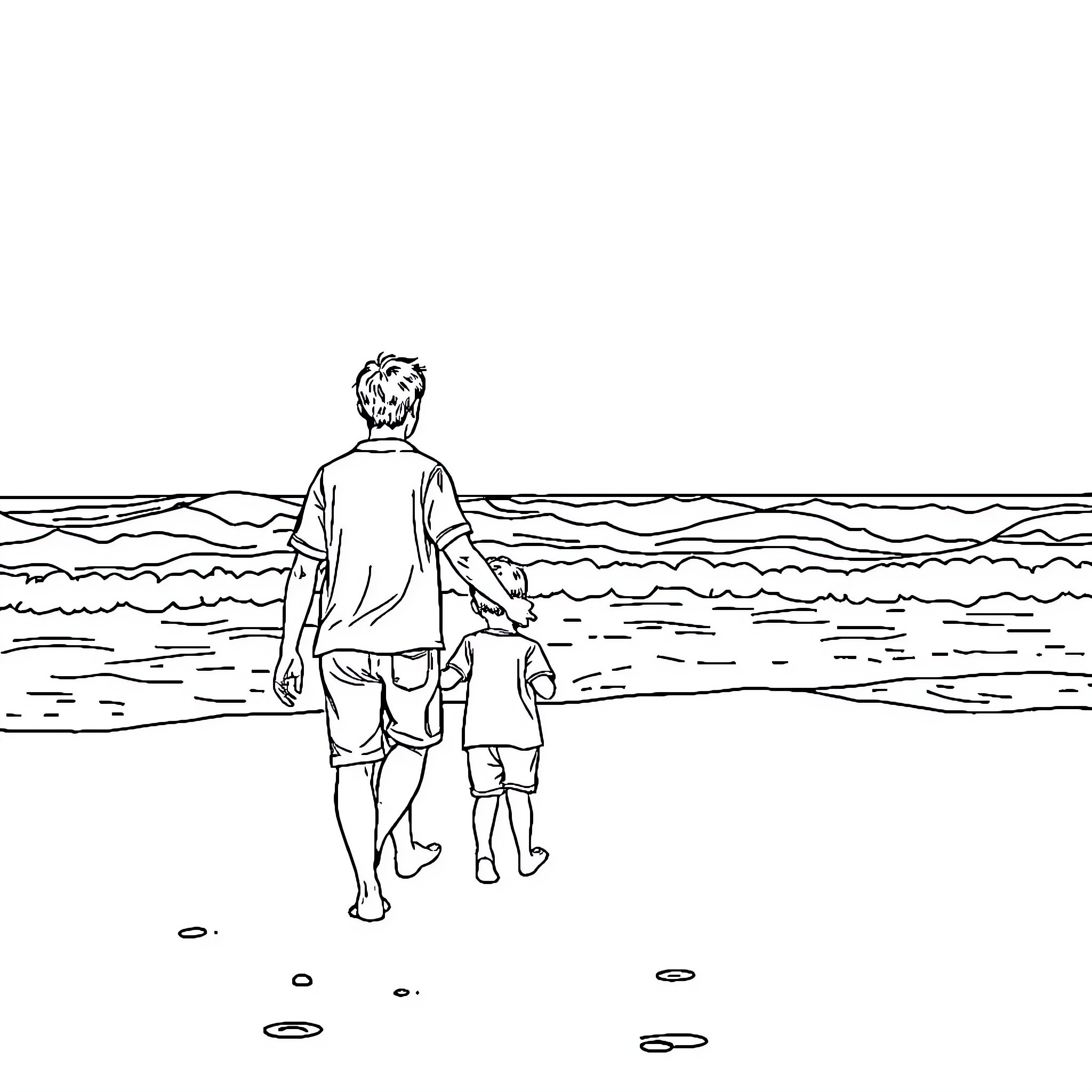 Father and child strolling by the seaside Coloring Page (free black-and-white line drawing printable PDF for all, from beginners to advanced learners, including children, teens, adults, and seniors)