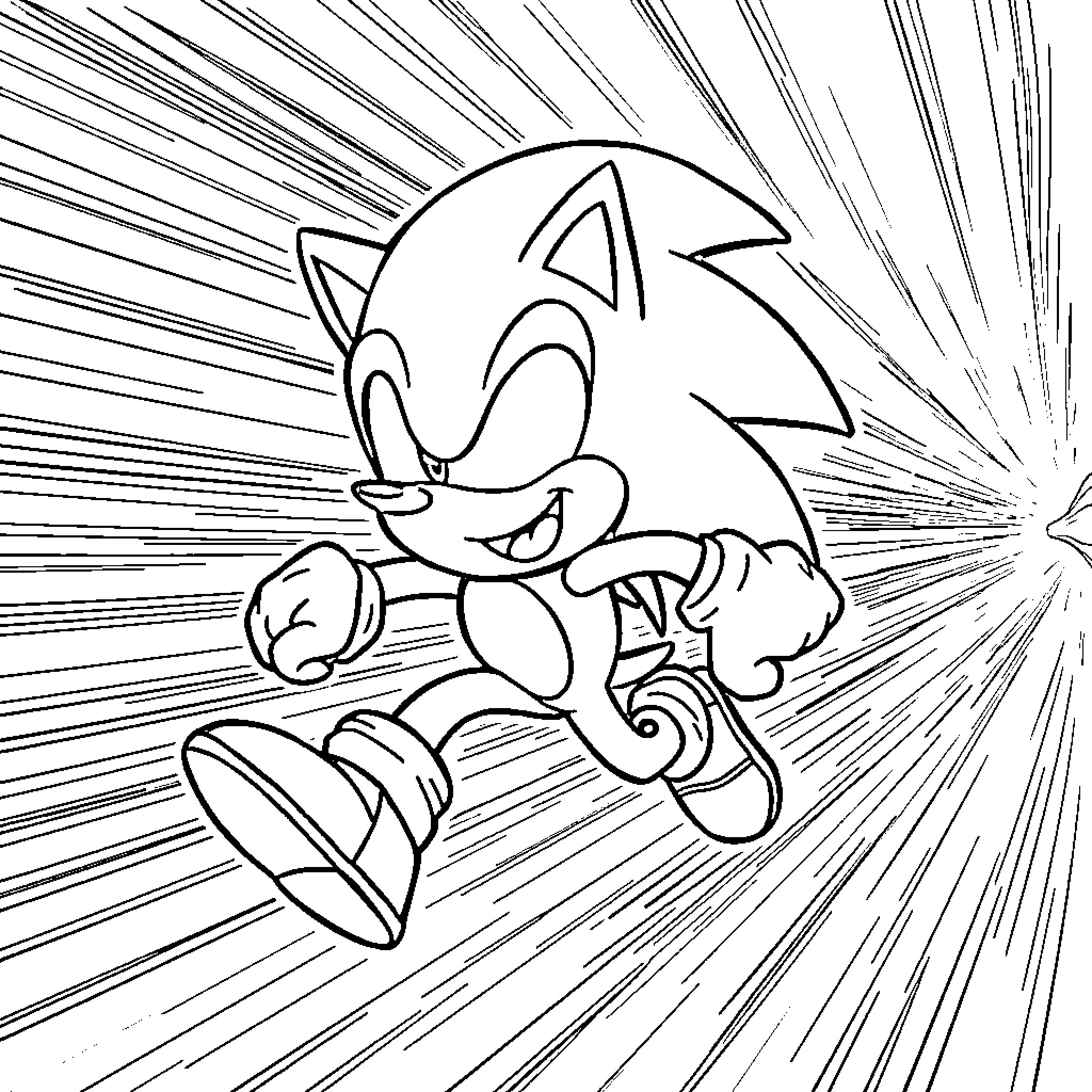 Sonic sprinting with determination through the scene Coloring Page (free black-and-white line drawing printable PDF for all, from beginners to advanced learners, including children, teens, adults, and seniors)