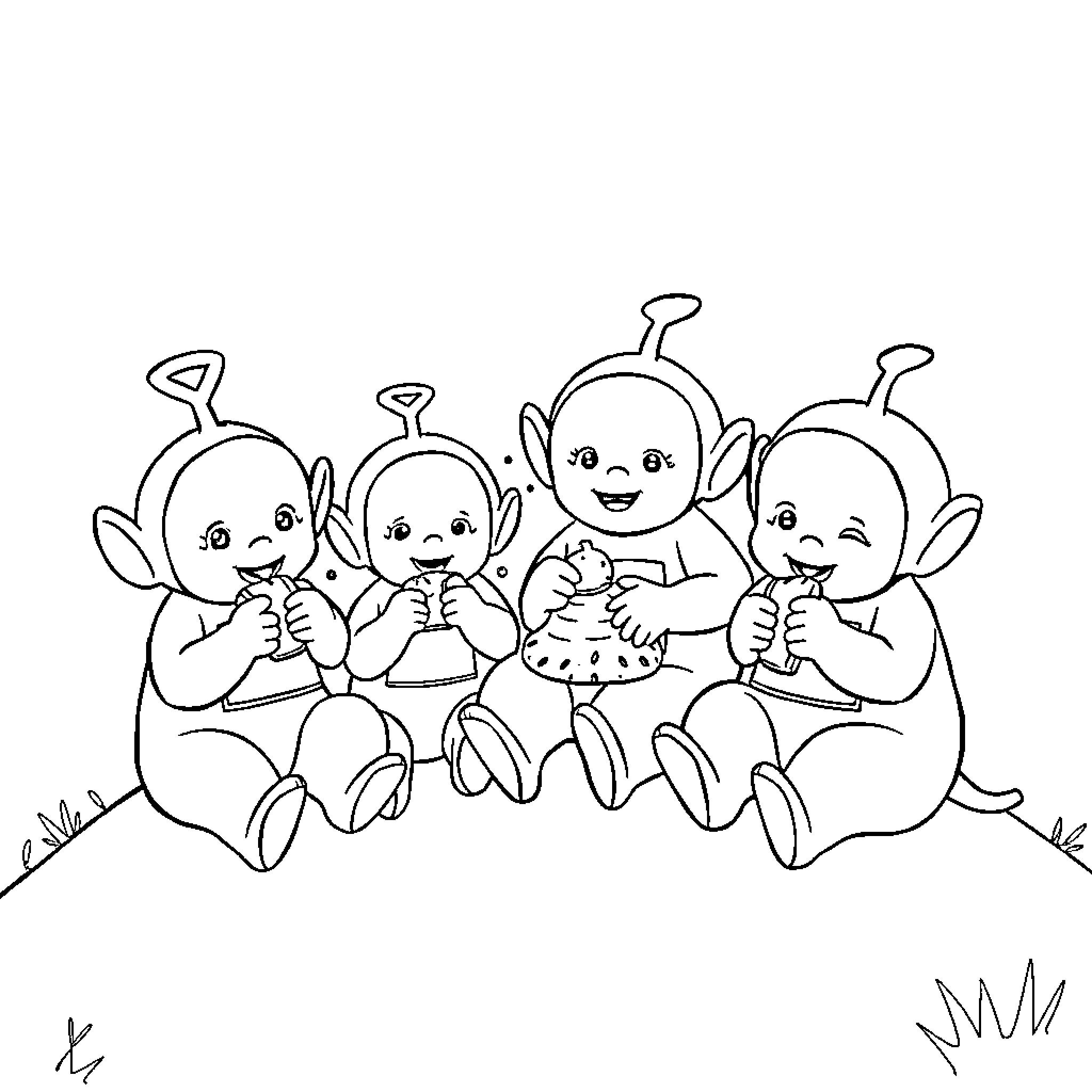 Teletubbies sitting together happily Coloring Page (free black-and-white line drawing printable PDF for all, from beginners to advanced learners, including children, teens, adults, and seniors)