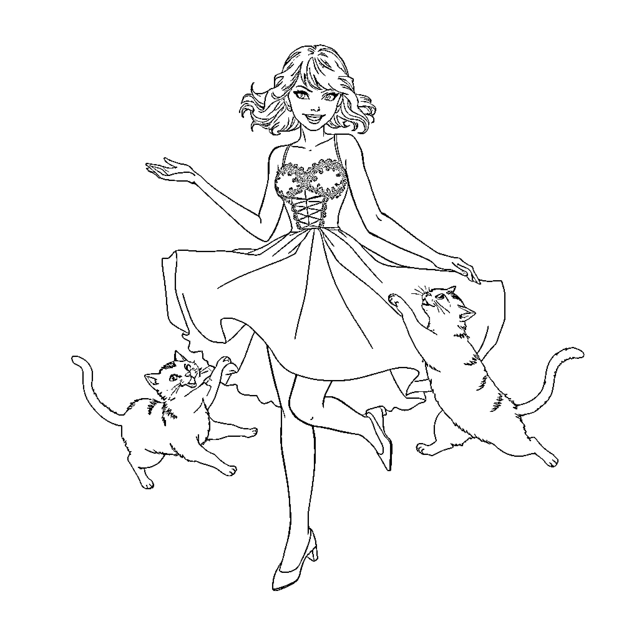 Taylor Swift surrounded by playful cats in elegant dress Coloring Page (free black-and-white line drawing printable PDF for all, from beginners to advanced learners, including children, teens, adults, and seniors)